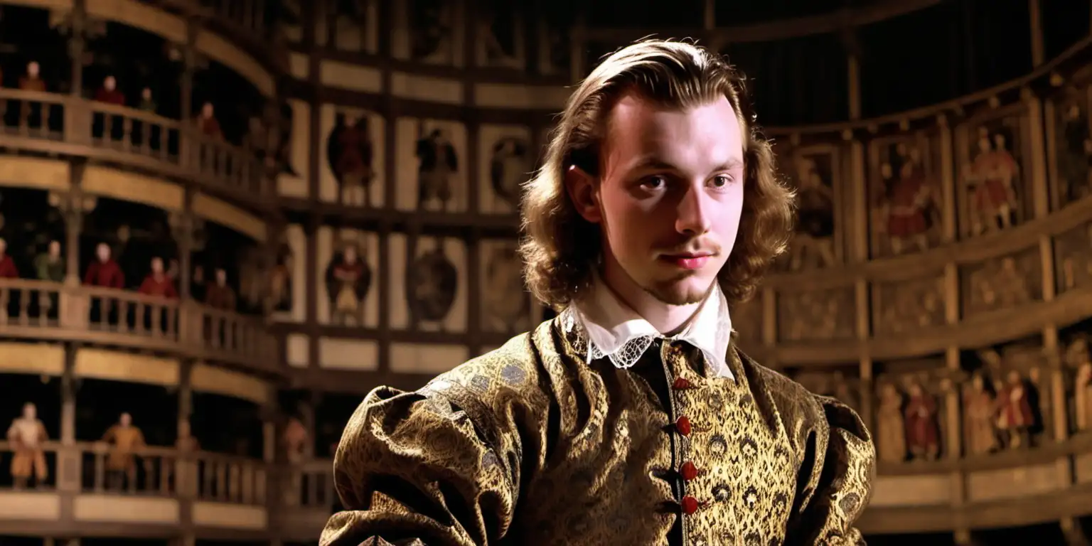 A color photo of an attractive Henry Wriothesley, 20 -years old, standing in the shadows of the interior of the Globe Theatre in 1595. The theatre is empty. We look at him over the shoulder of William Shakespeare, 26 years old, bent down putting costumes and ornaments into a box. 