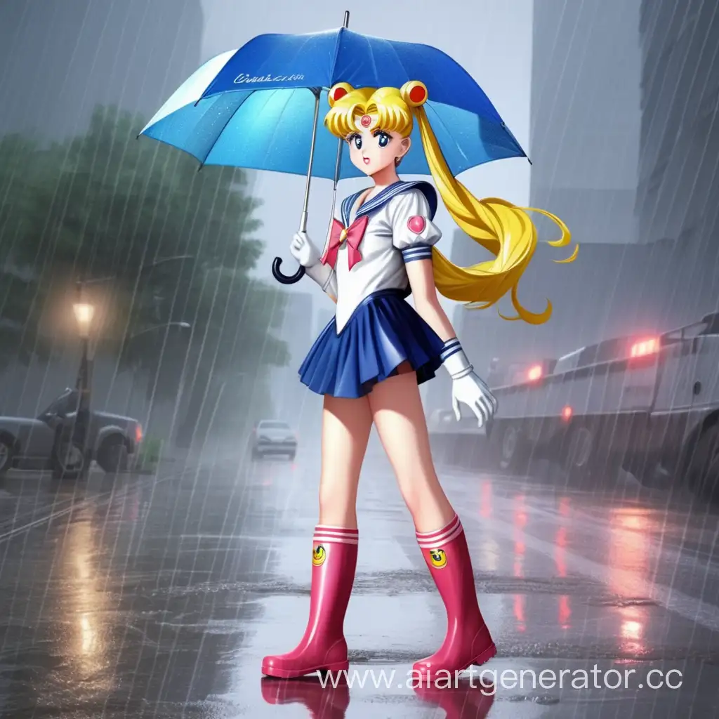 sailor moon in gummistiefeln unterwegs im regen und einem regenschirm
