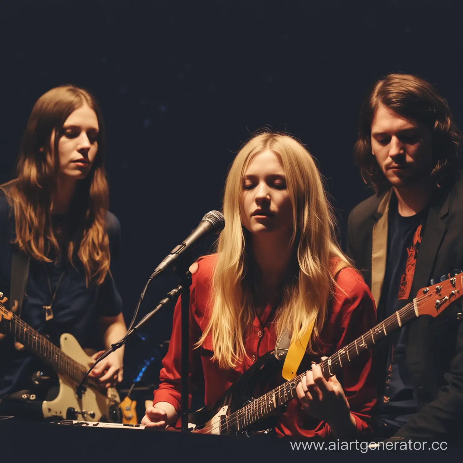 Perfomance of music band "Still corners" with dark blue background and red, yellow, brown atmosphere