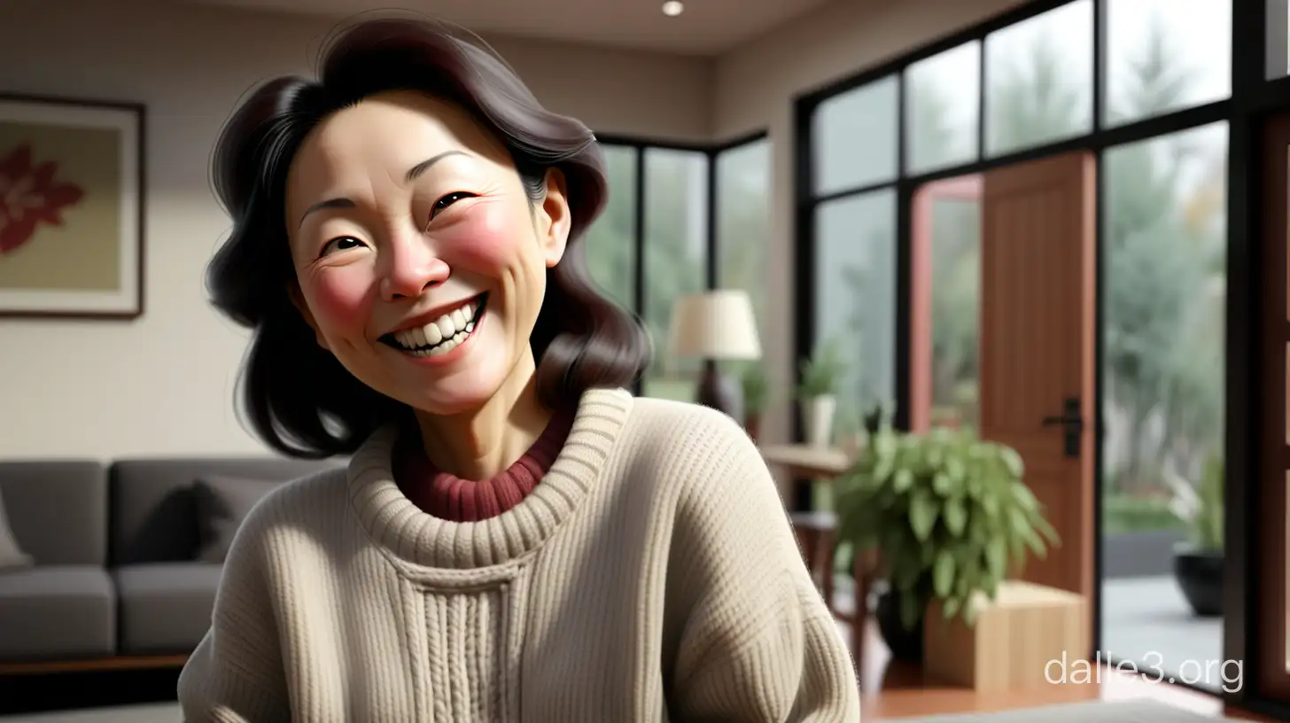 清晨，现代屋内，一个中国中年妇女穿着毛衣微笑着