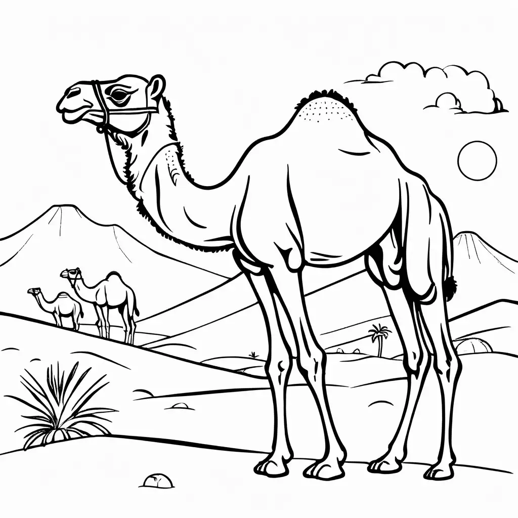 Coloring Page Camel in Desert Landscape