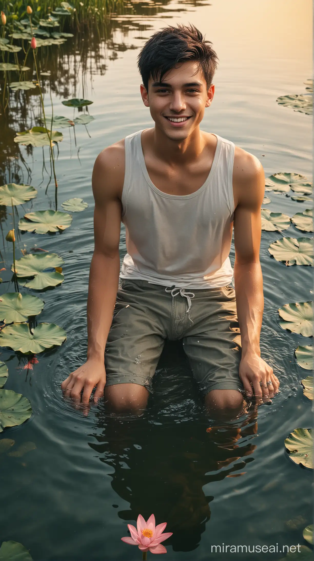 Smiling Young Man Sitting on Lotus Flowers Over Clear Lake at Sunset