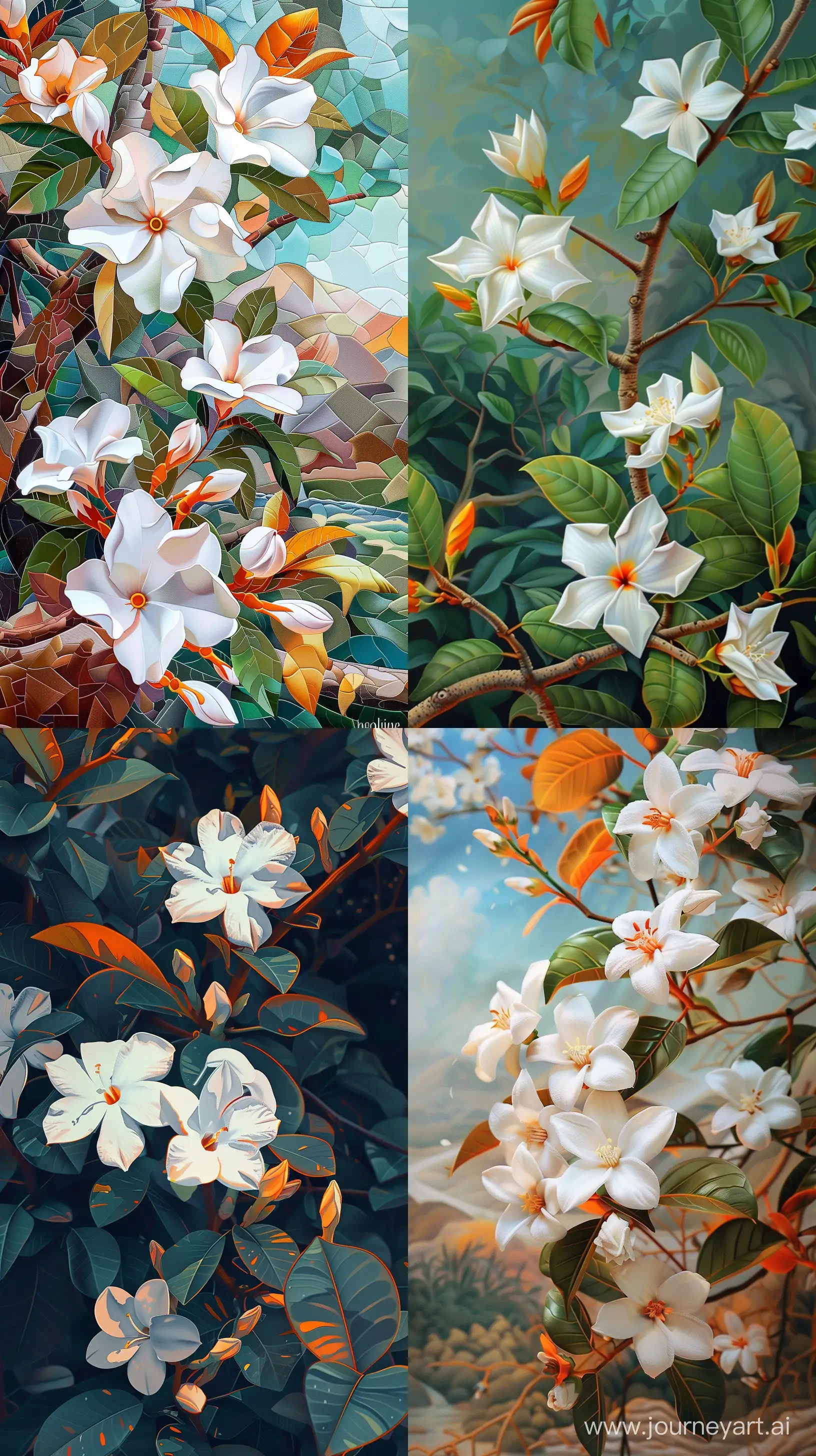 Realistic colorful images depicting beautiful jasmine flowers with white petals and orange tinged stem, tree, intricate details, serene scenery, 8k quality images --ar 9:16 --v 6
