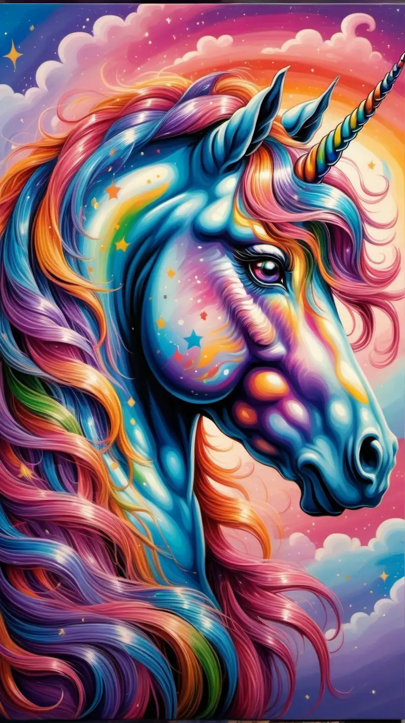 the painting of a colorful unicorn, in the style of detailed perfection, richly colored skies, glorious, serene faces, realistic yet imaginative, 