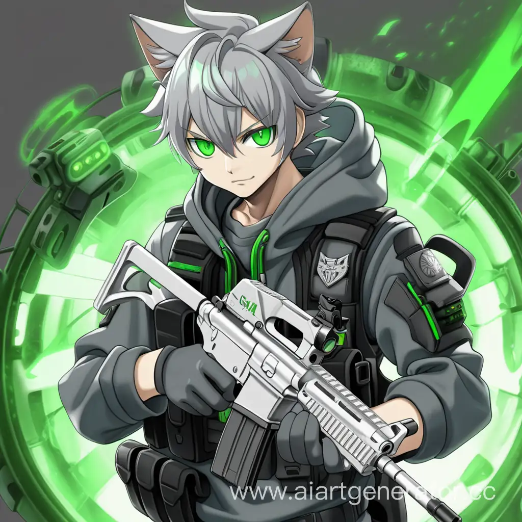 anime grey cat boy with green eyes clothes s.w.a.t green aura and gun
