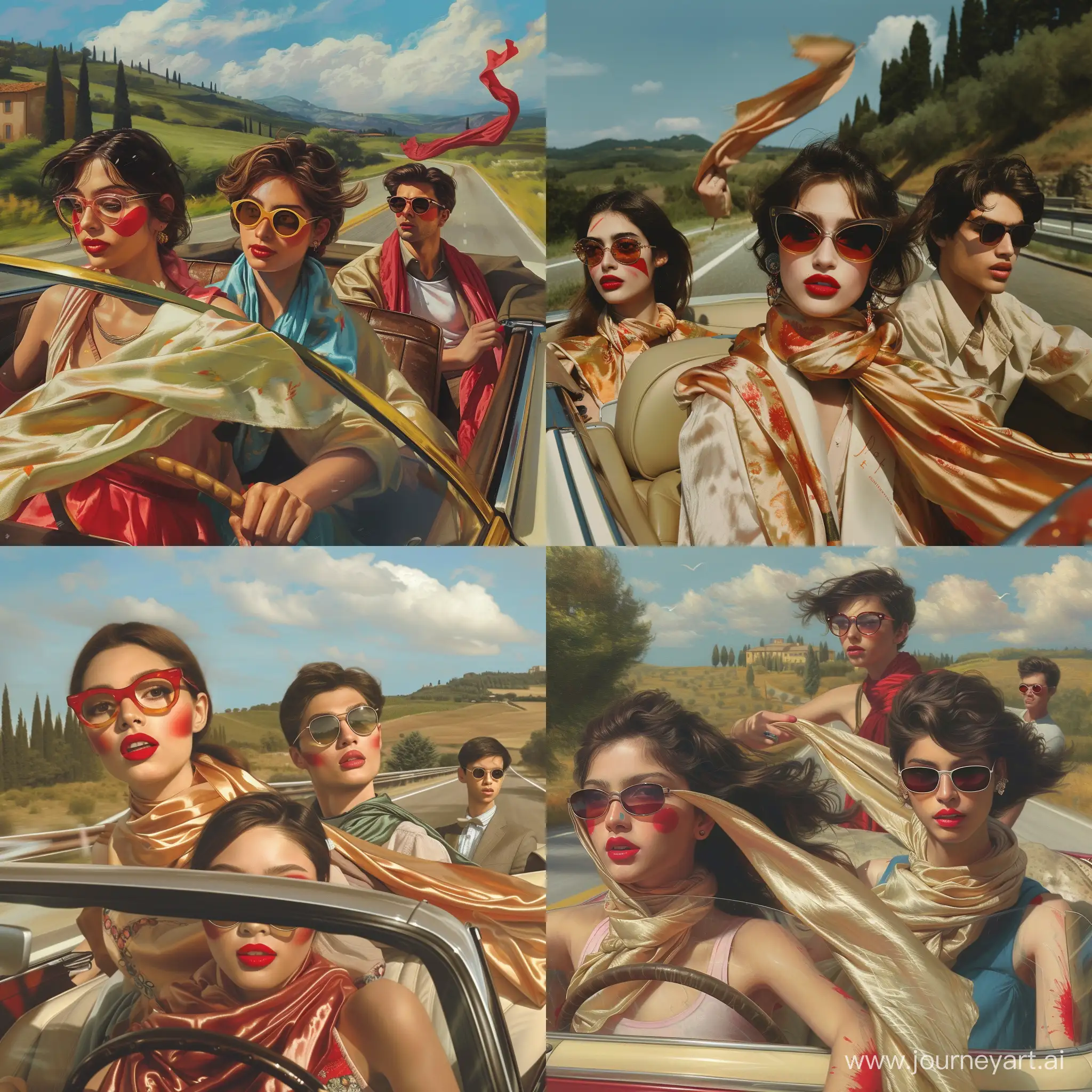 three young women in silk scarves, retro glasses and with painted red lips and a young man also in retro glasses are driving in a convertible along a highway in Tuscany, one woman’s scarf just flew off due to the fast speed of the car, first woman is asian and second one is middle eastern, third woman and a man are European