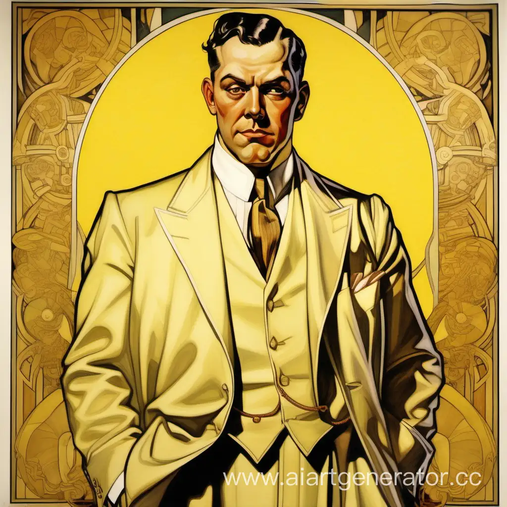 picture in the style of LEYENDECKER, J. C.
Full-length portrait: forty-year-old white male, tall fat man in cheap suit with short dark hair, sideburns, chubby face without wrinkles, USA 1932,
Call of Cthulhu setting, yellow colours