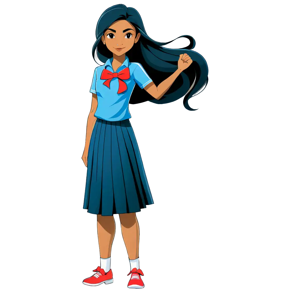 HighQuality-PNG-Image-Indian-School-Girl-in-Blue-Shirt-and-Dark-Blue-Skirt-with-Red-Hair-Ribbon