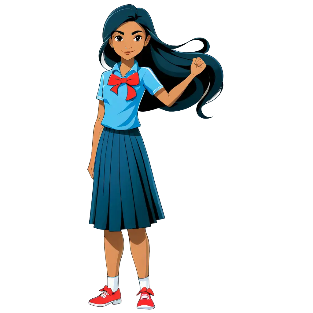 2d vector art, Simple an Indian School b Girl  in a Blue shirt and dark blue long skirt, black hair, with red hair ribbon