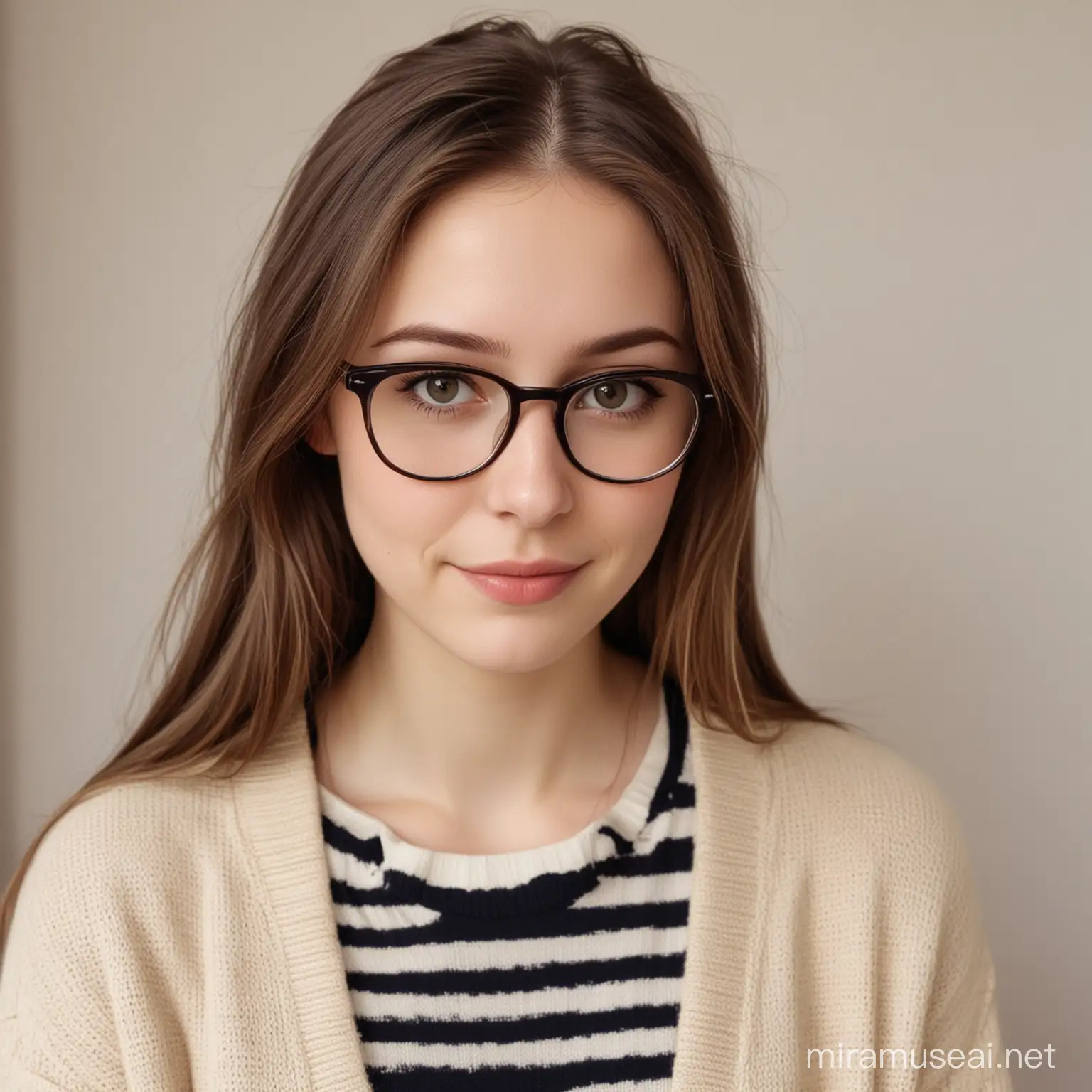 Nordic petite pale girl, 
wearing glasses  
with flat long brown hair, and a cardigan with a stripped shirt, Round face, small eyebrows