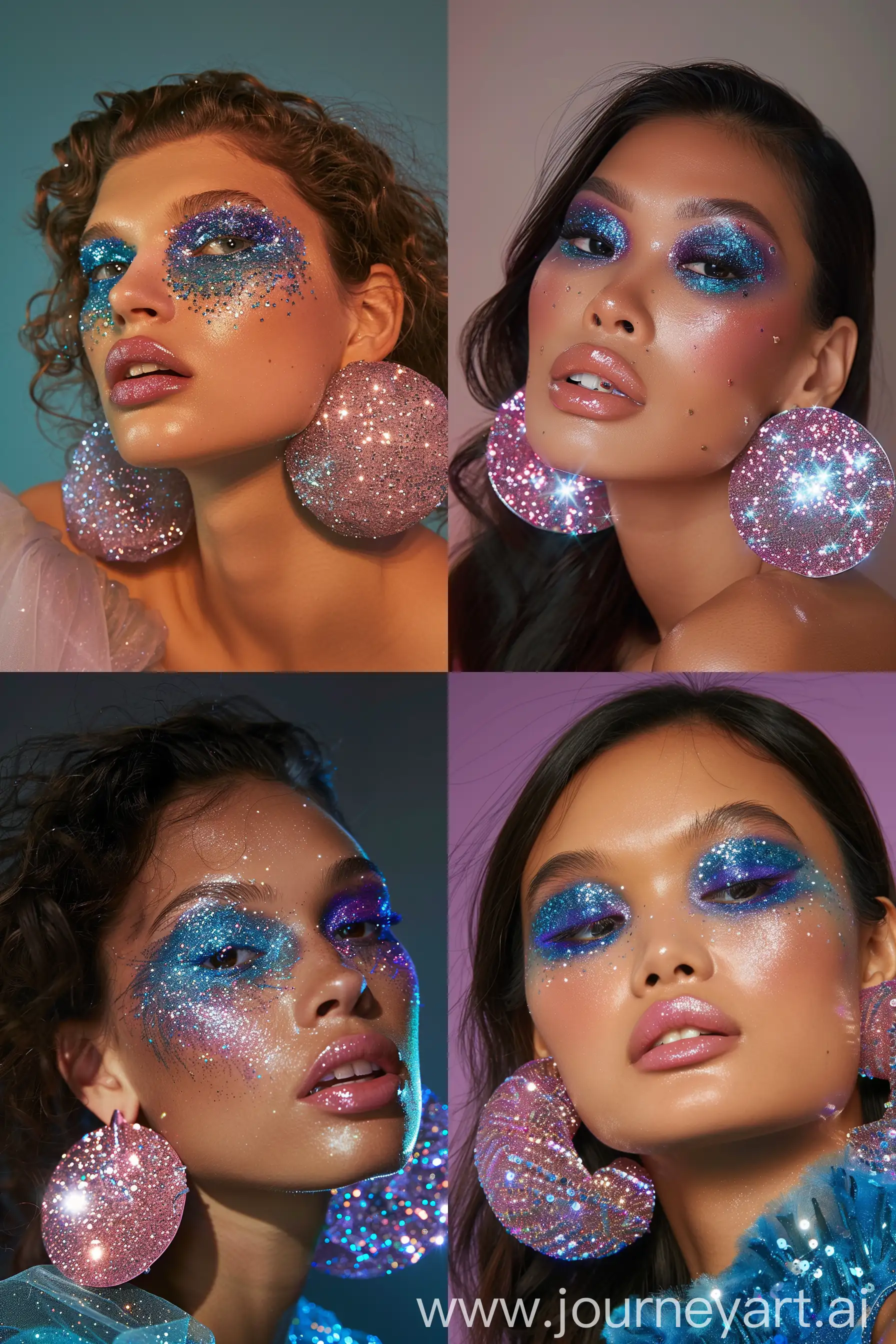 a photo of a gorgeous model wearing blue and purple sparkling eyeshadow look, y2k inspired, wearing huge plstic glitter earrings, glitter  pink lipstik, dreamy --ar 2:3 --style raw --v 6.0
