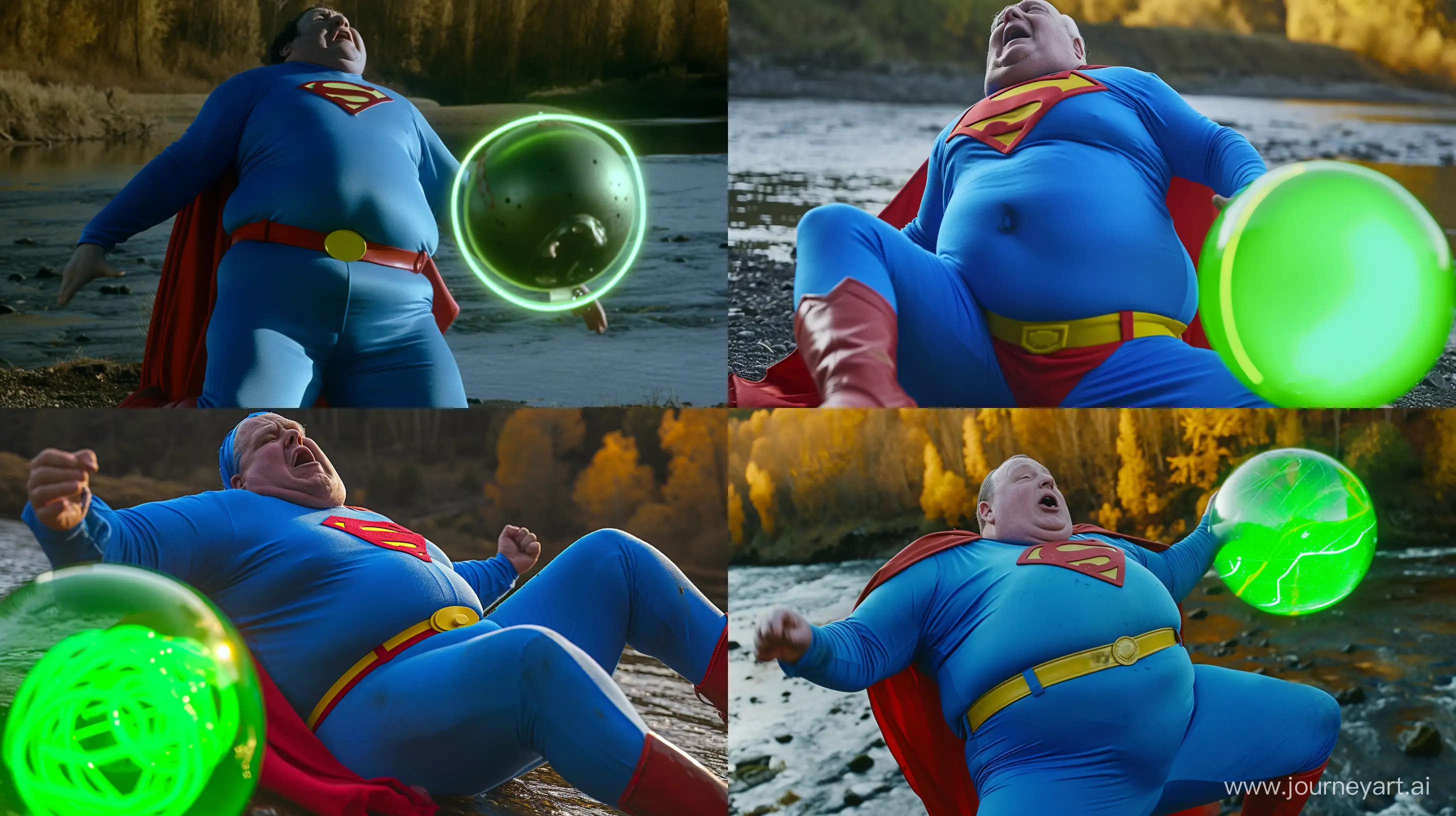 Close-up photo of an afraid fat man aged 60 wearing a tight blue 1978 smooth superman costume. Blue shirt. Blue pants. Red boots. Red Trunks. Yellow Belt. Red cape. He is falling on his back. Green glowing neon ball. River. Natural Light. --style raw --ar 16:9