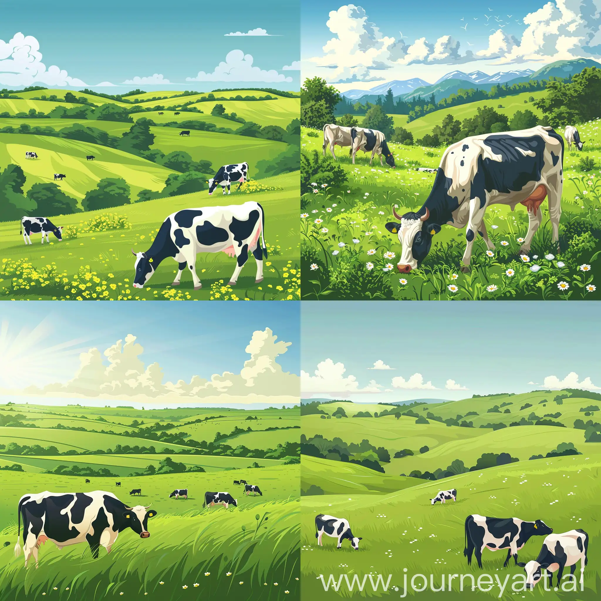 Beautiful green field illustration with cows grazing, full hd