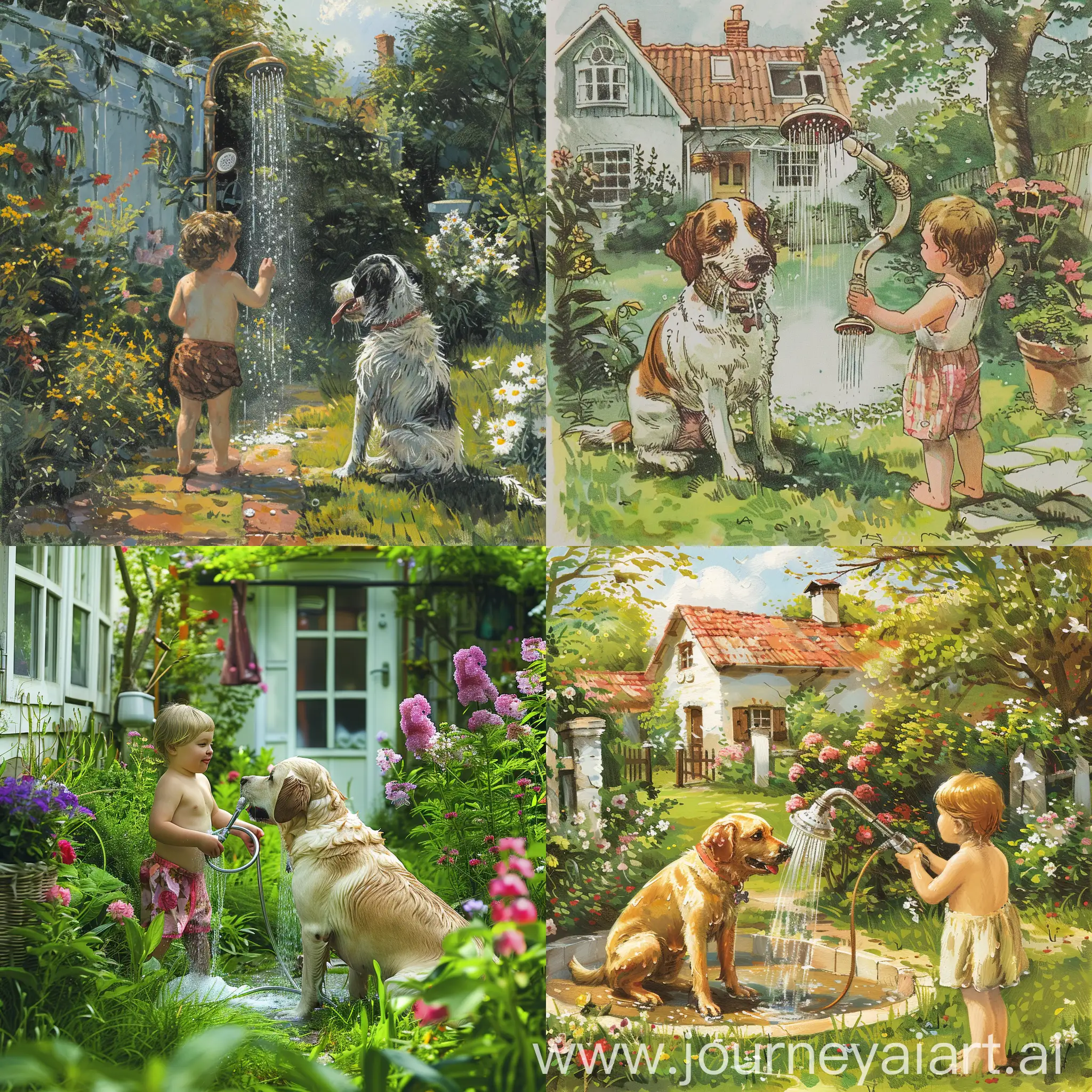 Child-Giving-Dog-a-Bath-in-the-Garden