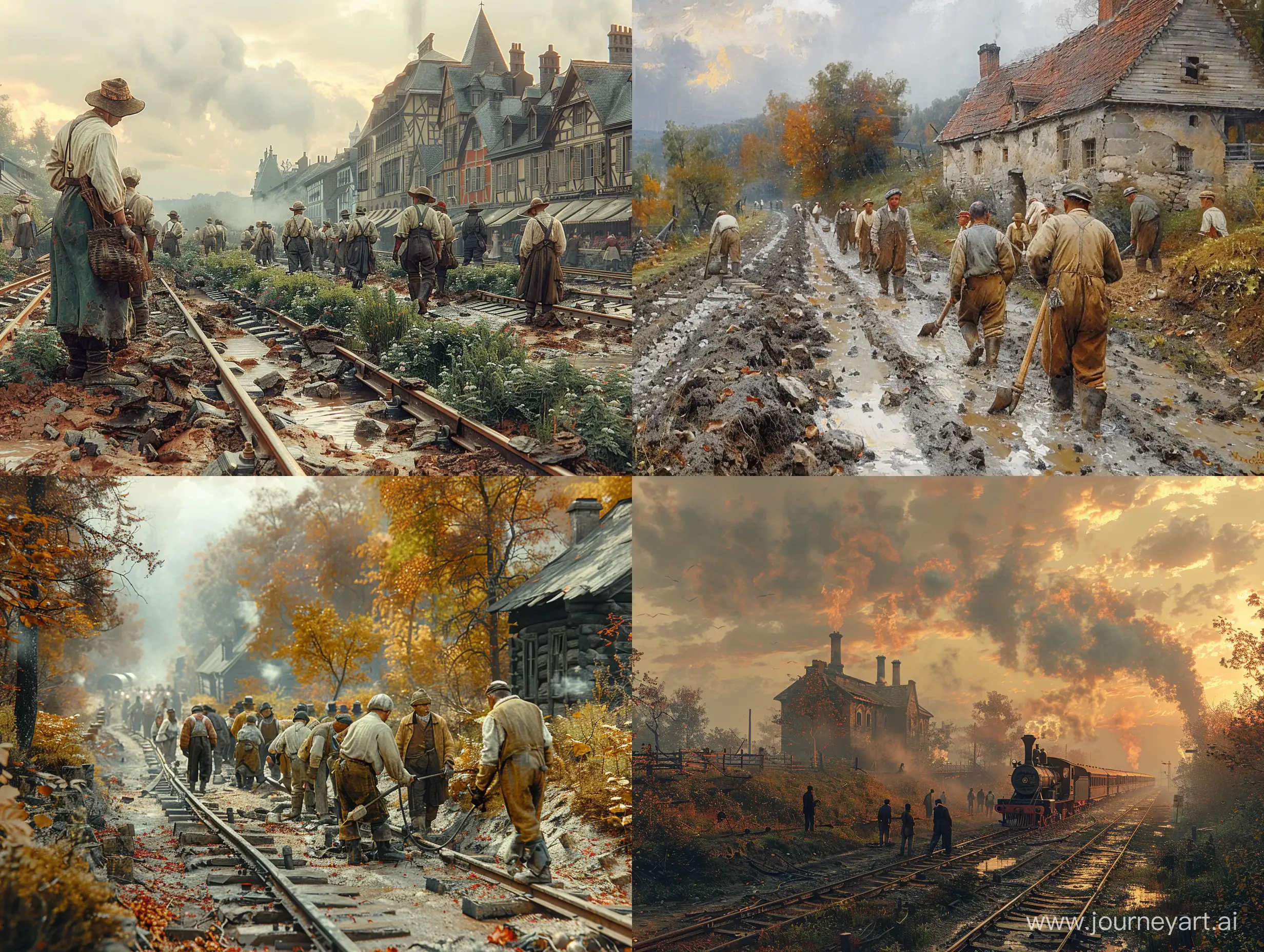 realistic Railway workers in 1845 doing their daily work on the railway in normal conditions, with realistic and precise details in a beautiful and harmonious image with professional effects, background blur, precise details and creativity highly detailed --style raw --stylize 750