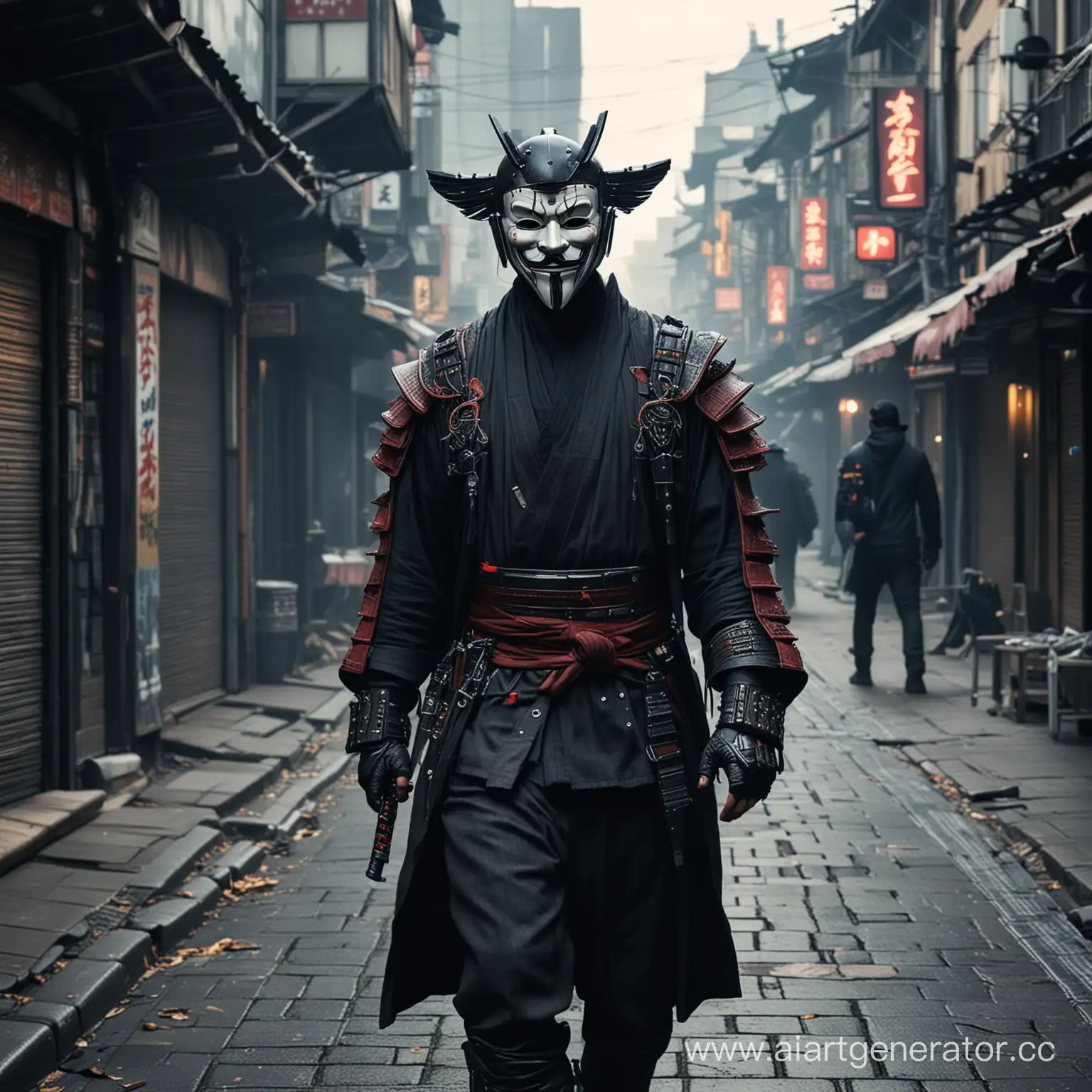 A samurai in a Guy Fawkes mask walks through the city. Cyberpunk