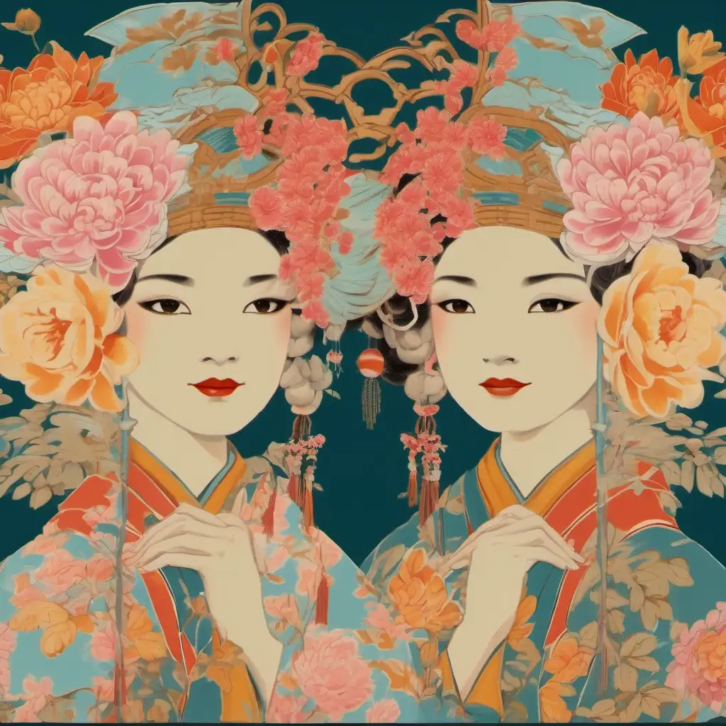 Elegant Vintage Floral Pagoda Headdress and Kimono Ensemble on Chinoiserie Background