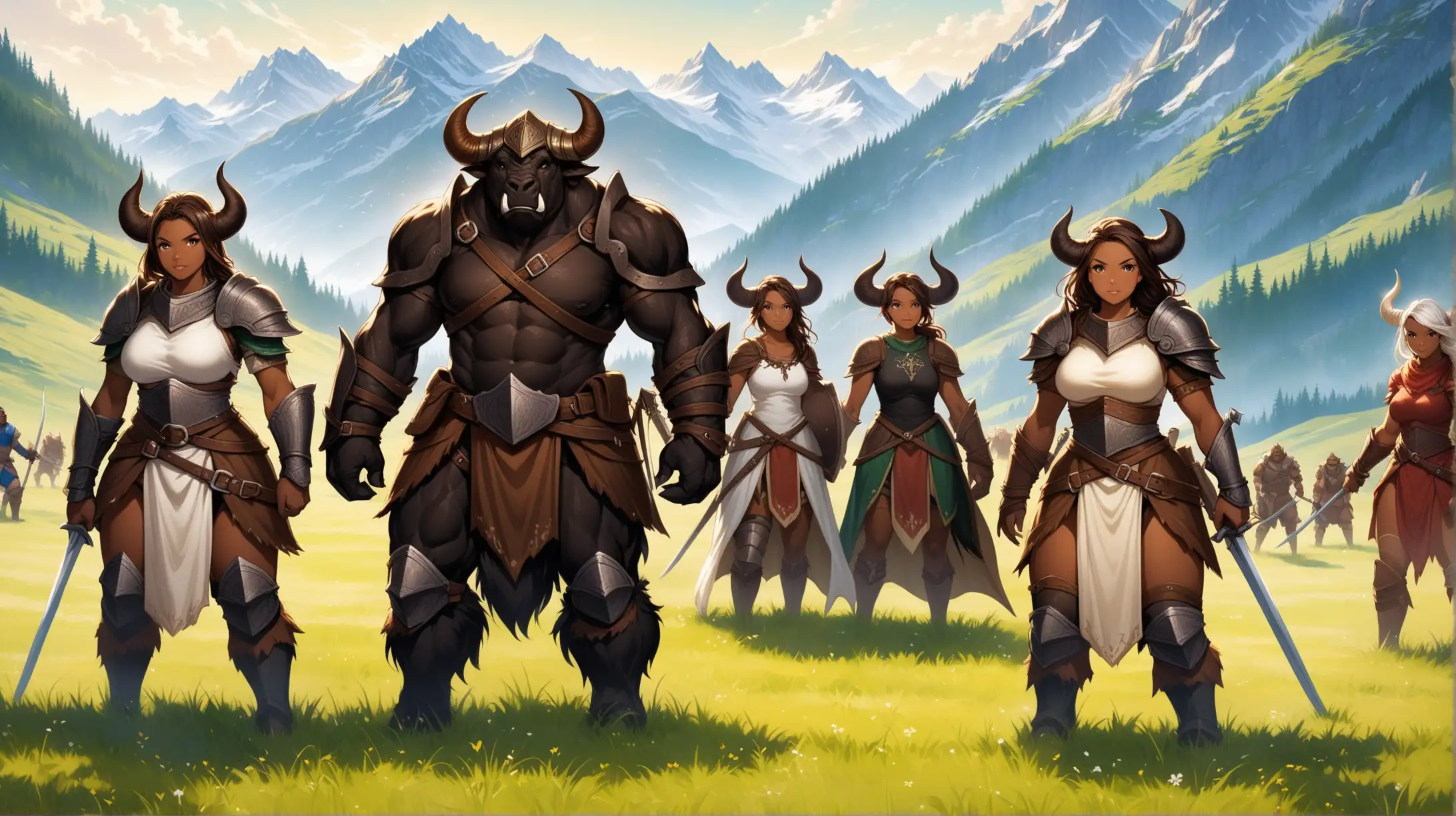 group of brown black white female minotaurs, warriors and rangers, mountain pasture, Medieval fantasy