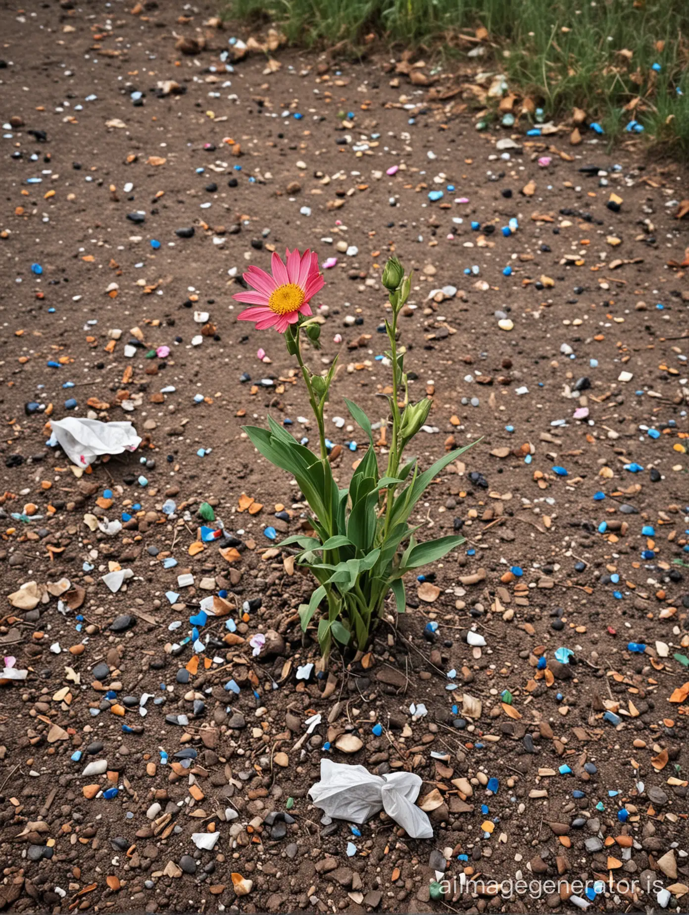 HUMAN TRASH IN THE LANDSCAPE  ON THE GROUND AND OUT OF THIS TRASH RISES A BEAUTIFUL FLOWER 
