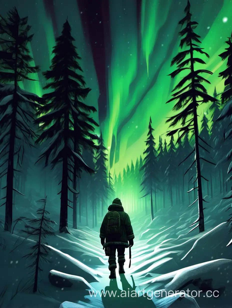 Маккензи из игры The long Dark идёт в тёмном лесу во время северного сияния
