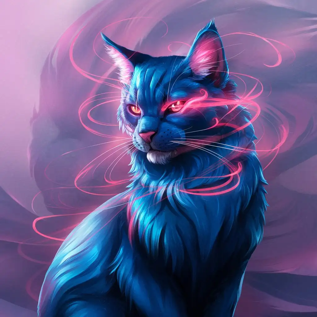 majestic blue feline with fuschia colored reflections in its fur