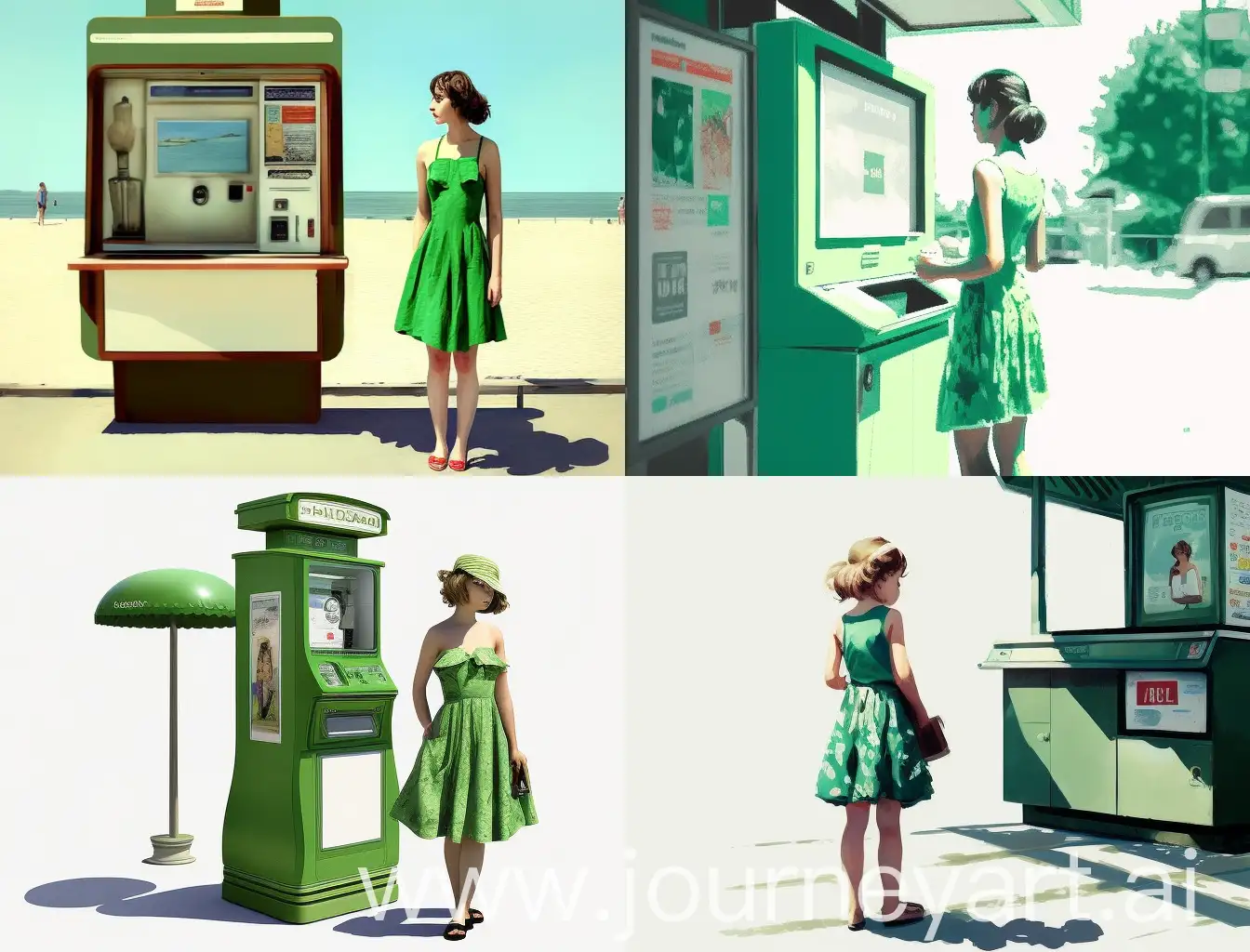A girl in a green dress, in front of a small self-service kiosk while is paying, photo realistic style, sunny day, with a white background.