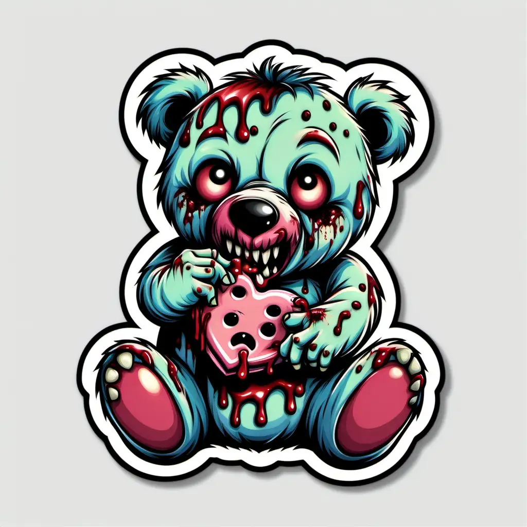 zombie teddy bear eating a carebear, sticker. make adobe illustrator image trace friendly. use solid white background