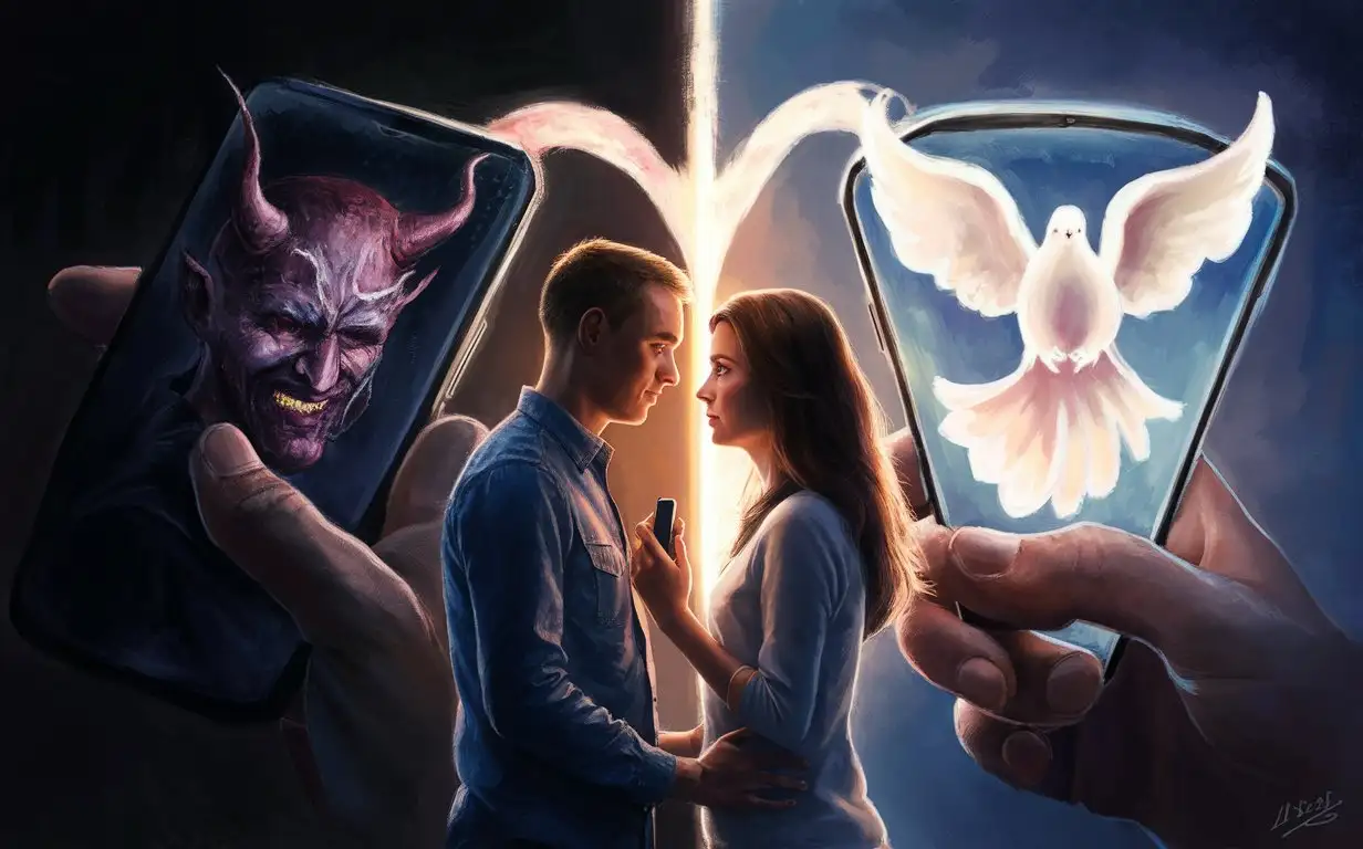 A digital painting could depict a guy and a beautiful ethnic woman standing face to face, their phones held up between them. The guy's phone could be emitting dark, twisted images, while the girl's phone displays pure, glowing messages from the Holy Spirit. The contrast between the two screens could highlight the battle between good and evil intentions in their relationship.