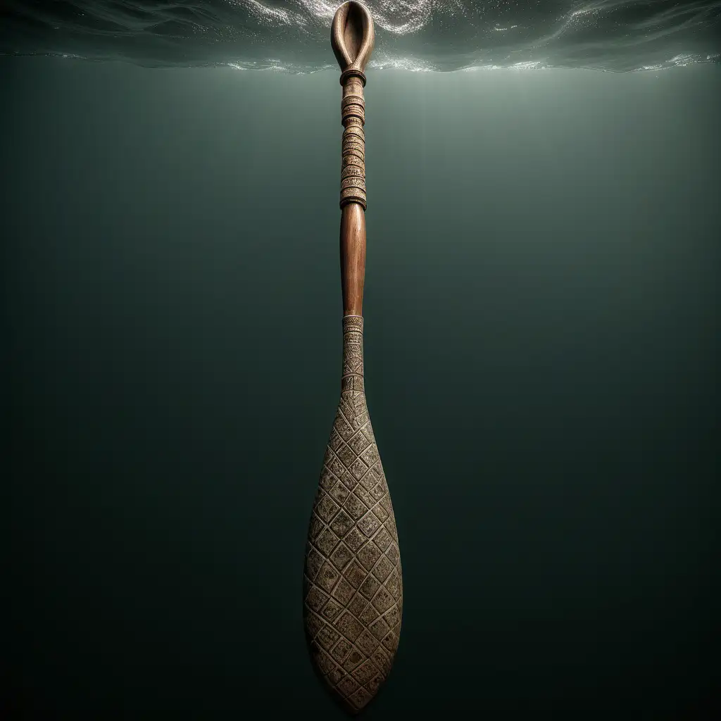 Subject: The central subject of the image is a large wooden oar, meticulously wrapped in crocodile skin along both the shaft and the paddle.