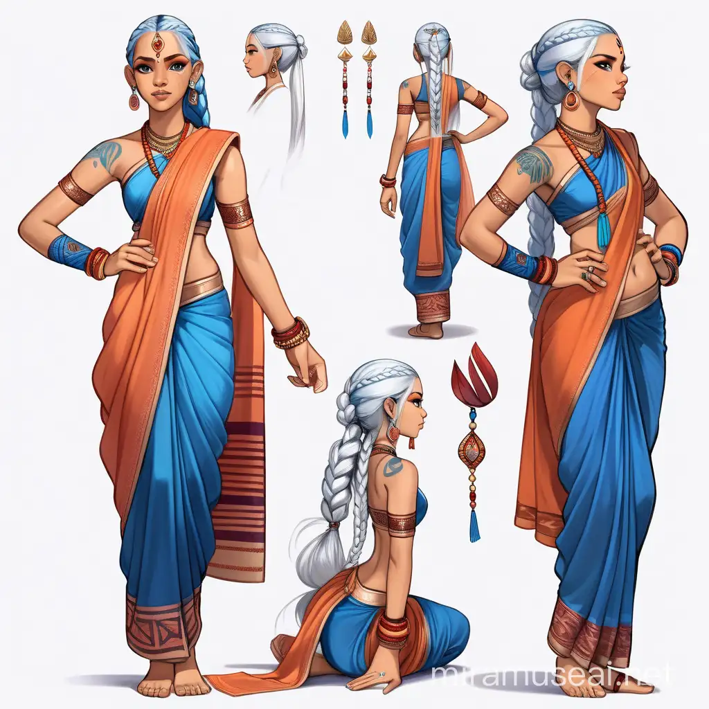 (multiple views full body upper body reference sheet: 1) a young woman from the Air nation, in her 30s, with light brown skin, white braided hair, desi nose, blue eyes, blue arrow tattoos, toned figure, she is wearing a mixture of blue sari, red traditional thai dress and a orange vail, with traditional indian jewelry 