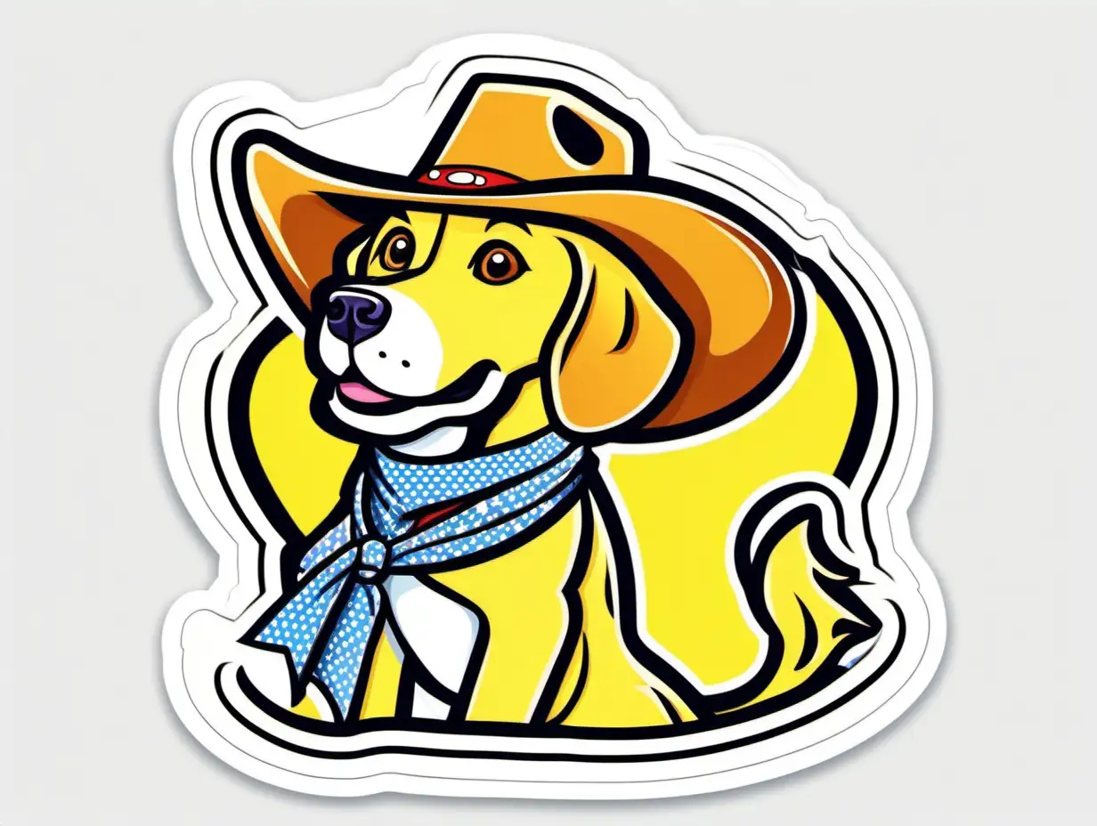 a cartoon character labrador retriever dressed like cowgirl characters, vibrant color, line art, like a sticker, white background, in the style of Roy Lichtenstein