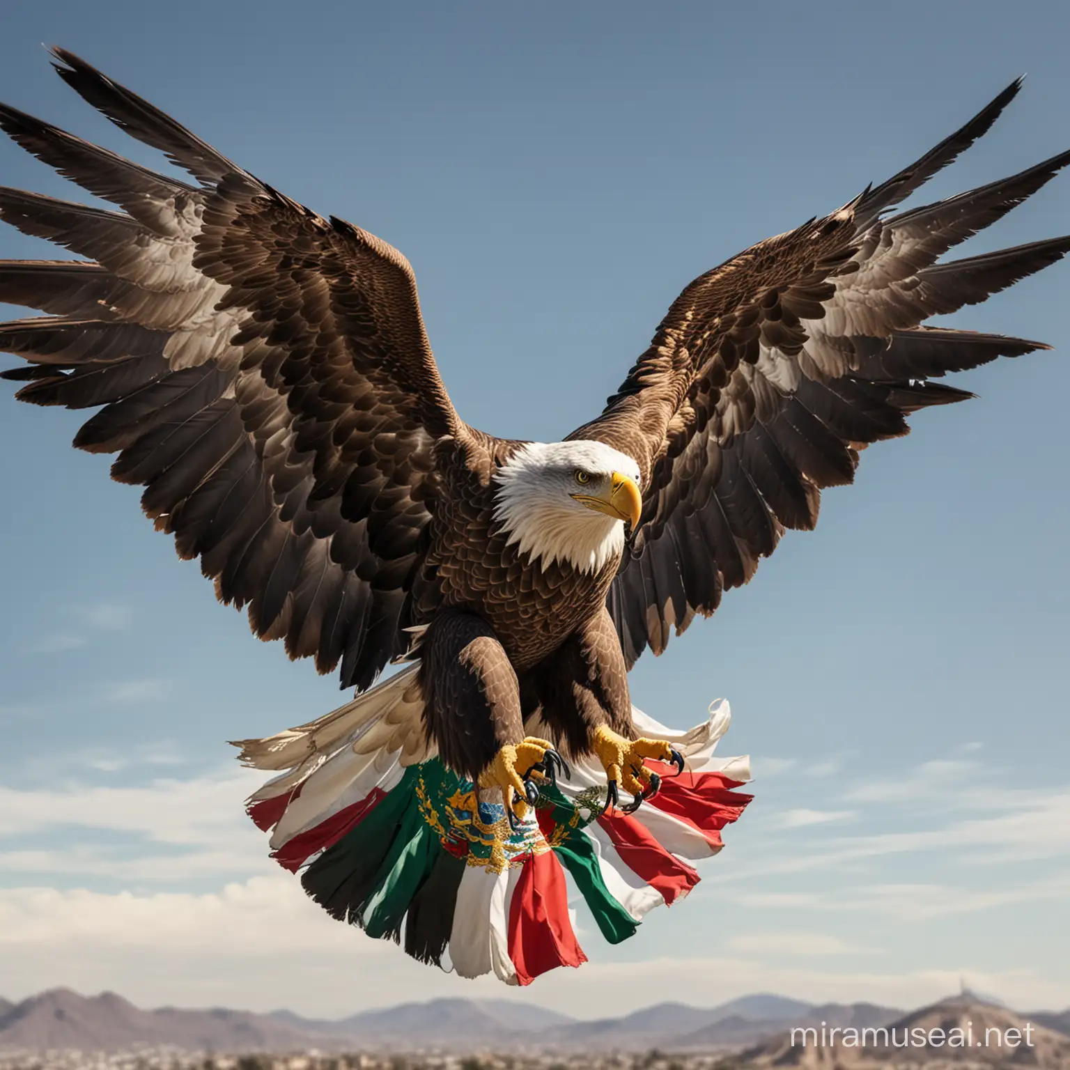 extreme high detail image of a large eagle flying over Mexico. the eagle is carrying the mexican flag