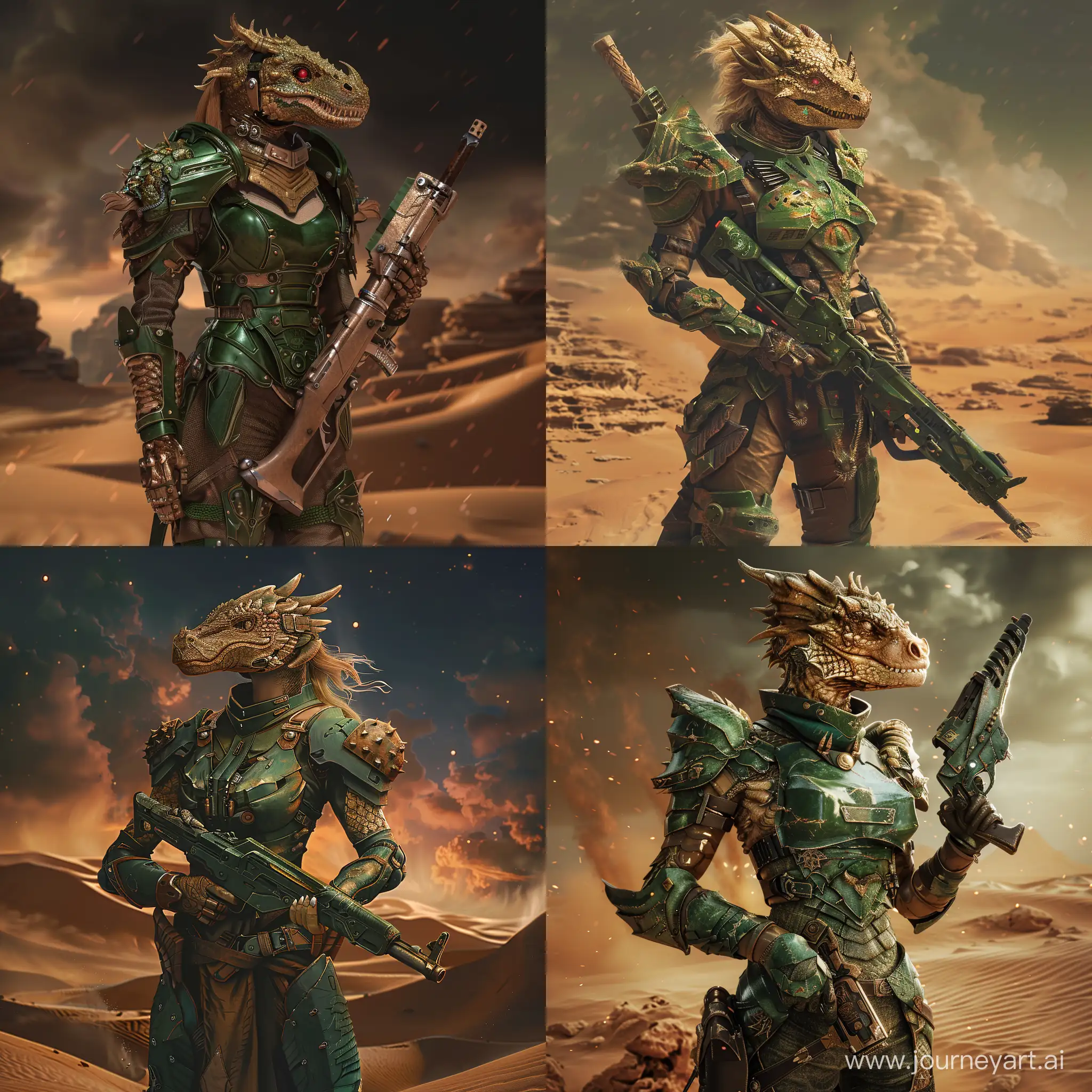 Dragonheaded-Female-Warrior-in-Green-Armor-amidst-Desert-Sandstorm