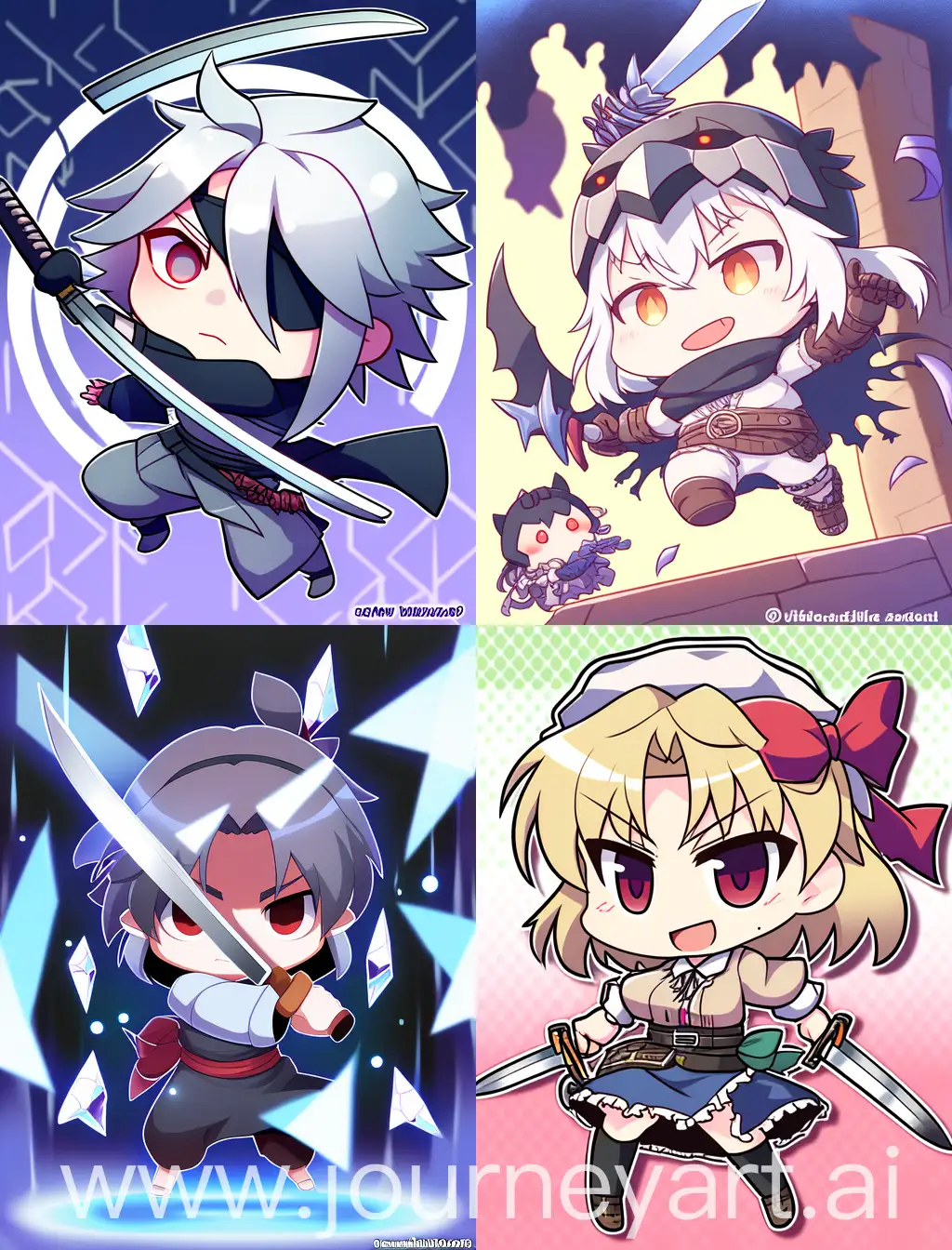 chibi bandits holding knife, with abstract background