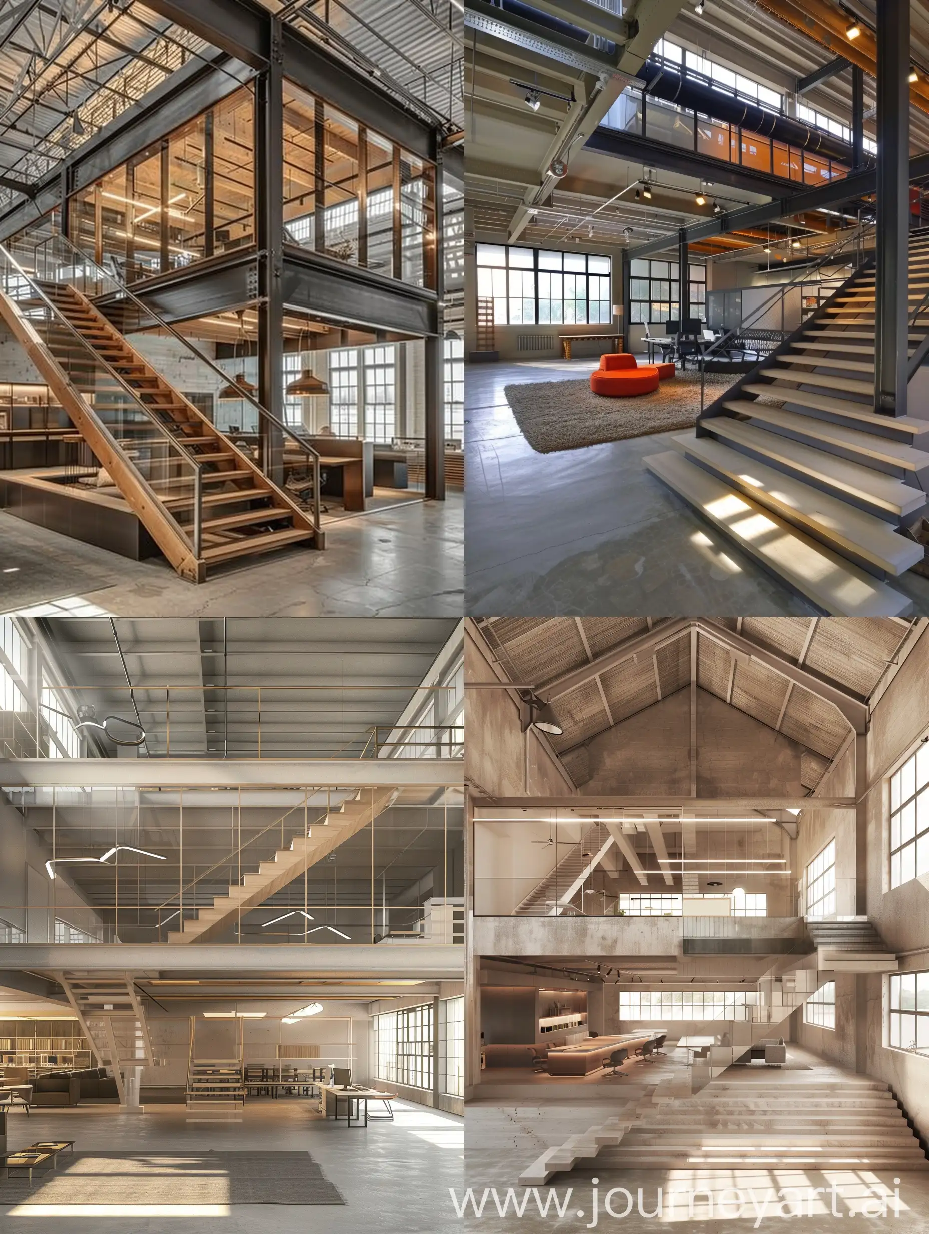Architectural planning of a big modern duplex office space, designed with exposed stairs inside a factory shed,