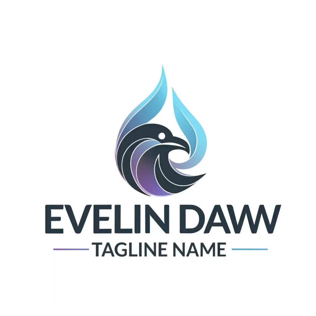 a logo design, with the text 'Eveline Daw', main symbol: painted crow head inside abstract feathery water droplet, minimal lines, cold colors, Minimalistic, to be used in Entertainment industry, clear background