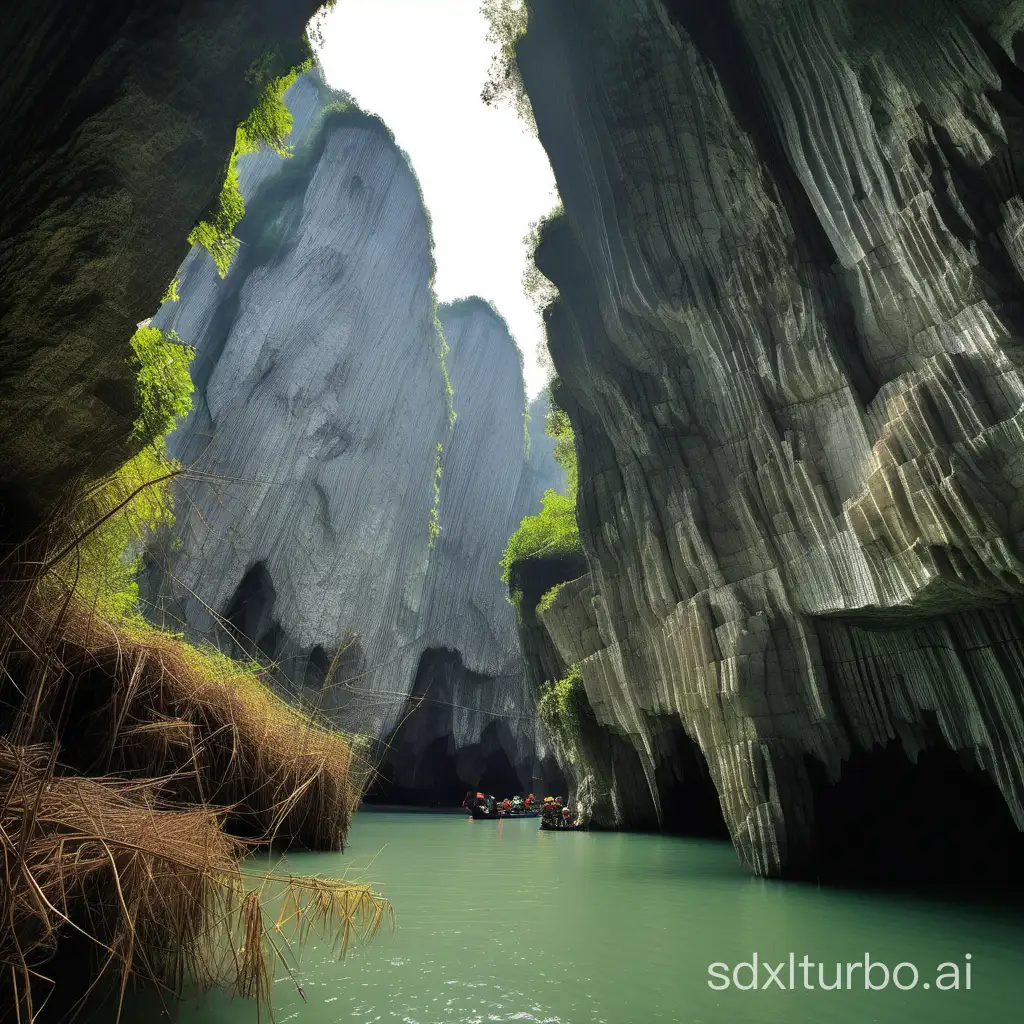 a dramatic karst landscape with towering limestone cliffs and caves