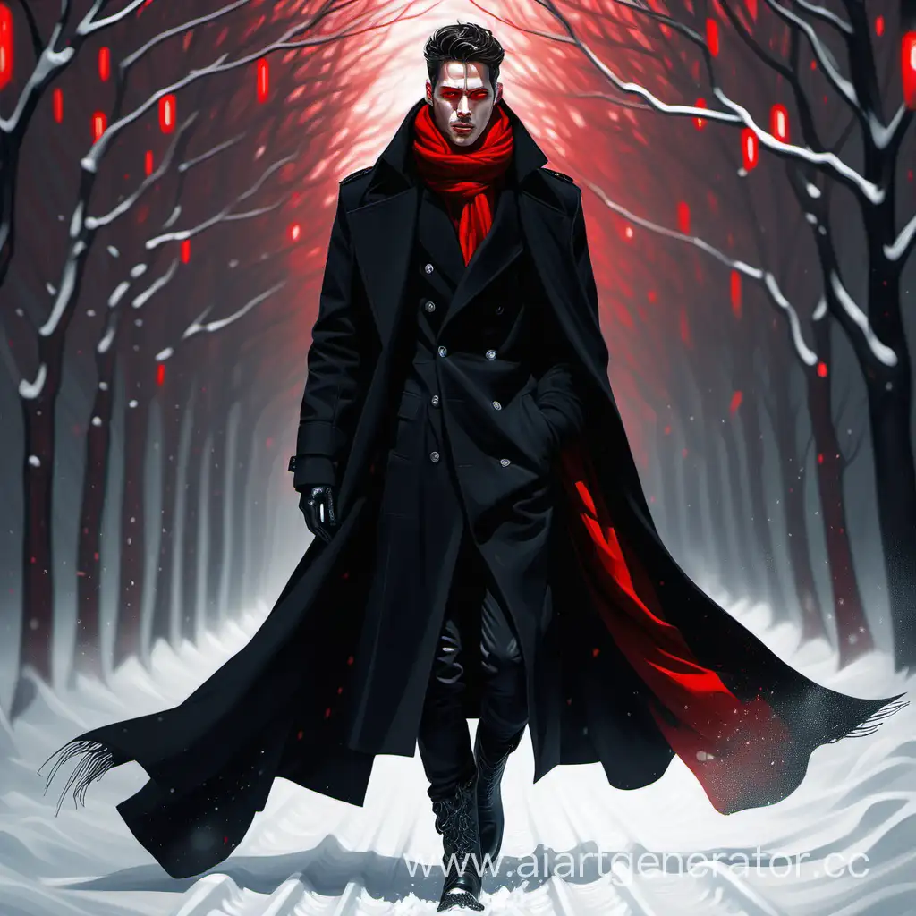 Man with black , long dark coat, body portrait, red light on his chest, fashion show concept boots, sharp focus, black scarf, windy, highly detailed, red eyes, digital painting, illustration art,snow,winter
