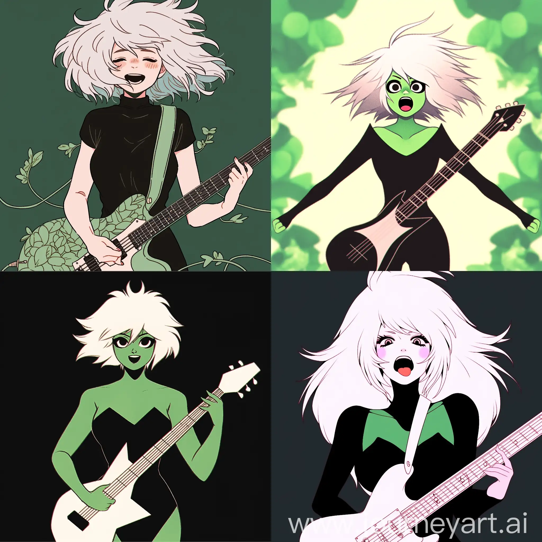 Character woman with white hair and a black bodysuit plays a green electric guitar --niji 