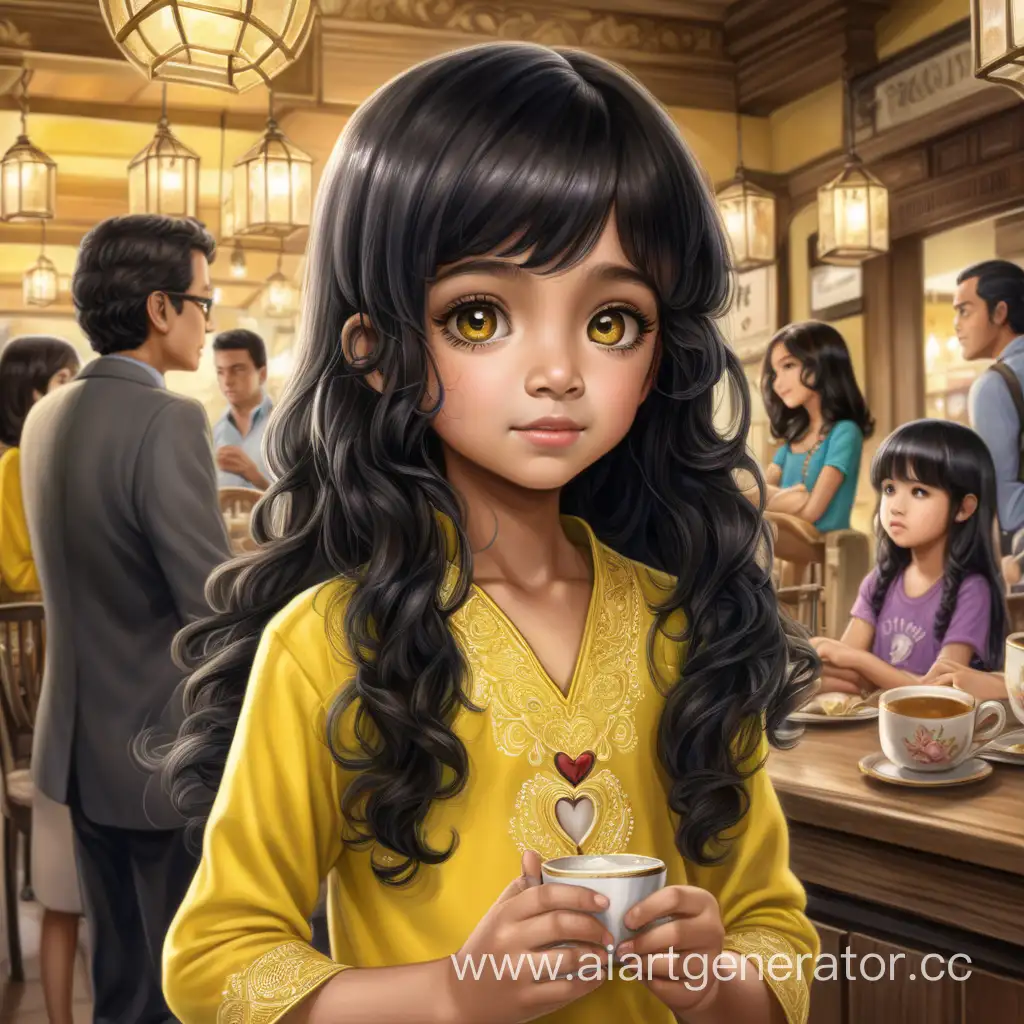 Aria, an 8-year-old boy with a handsome face, thick curly black hair, and dressed in yellow attire. Mia, Aria's mother, is a beautiful 25-year-old widow with long black hair who likes wearing kebaya. Aria locates her mother in a city cafe amidst the bustling crowds. Their eyes meet, reigniting hope in Aria's heart