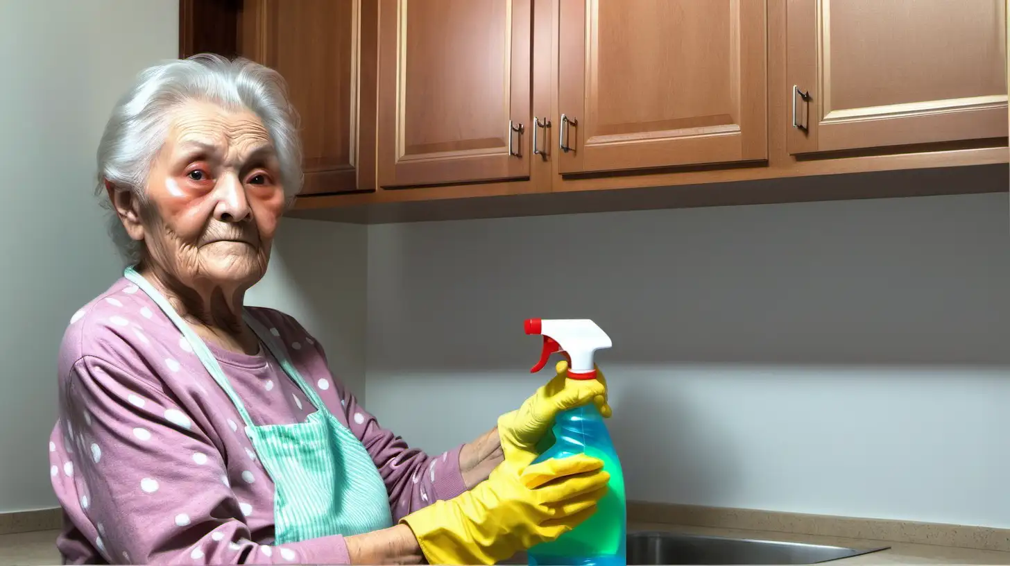old woman grandma holding cleaning spray with on the kitchen cabinet
