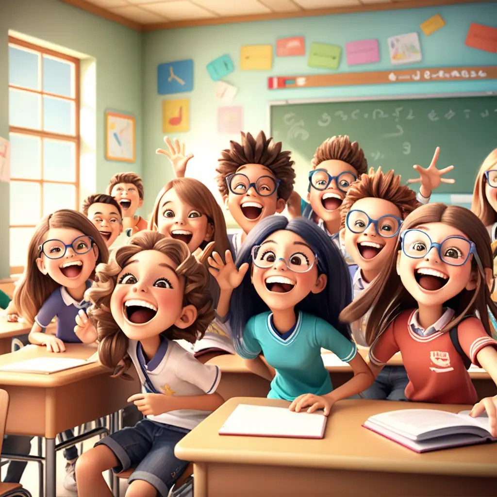 Create a 3D illustrator of an animated image of students laughing out loud in a classroom, Beautiful spirited background illustrations.