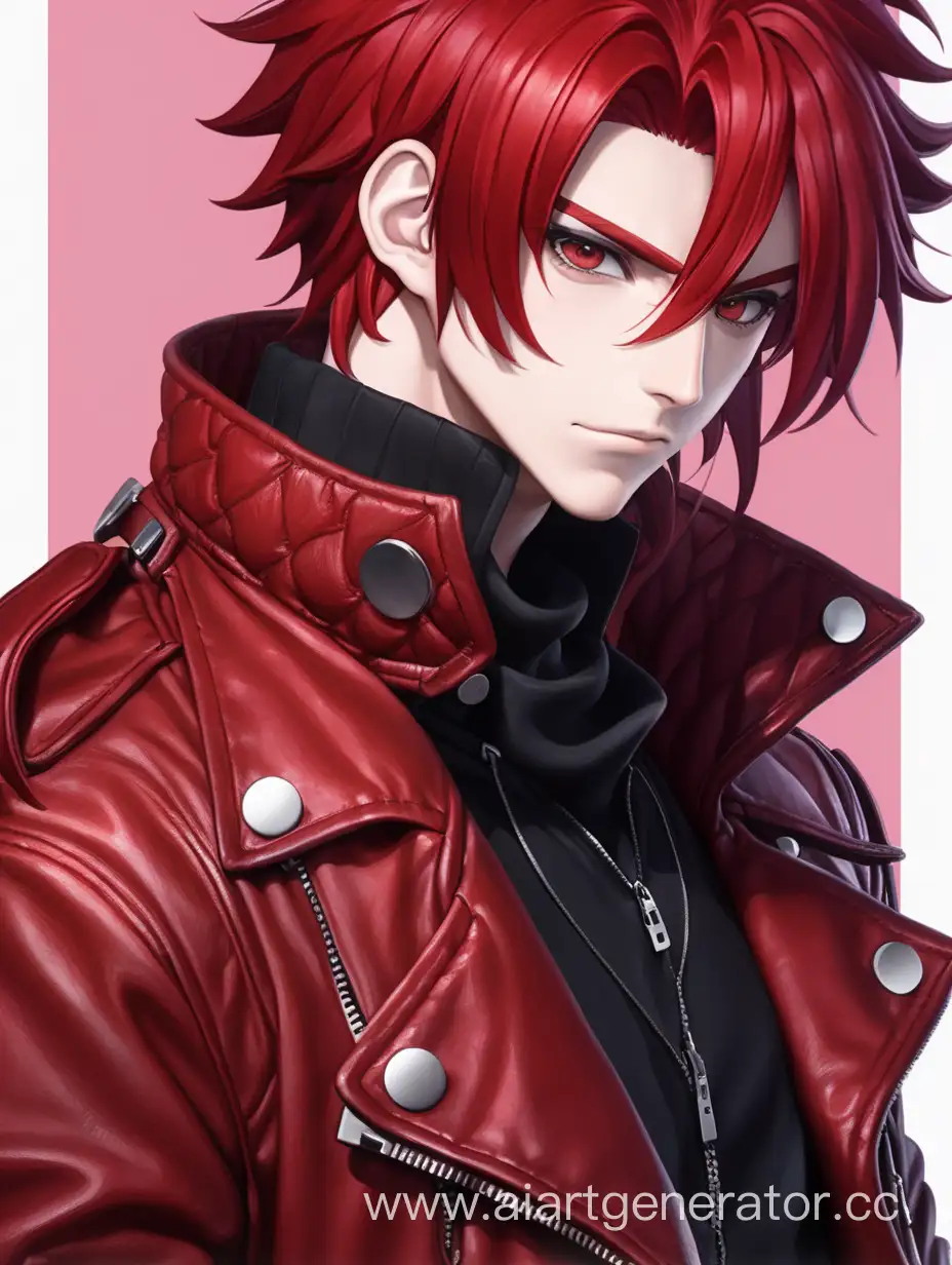 Аниме фэнтези парень с красными волосами и черной макушкой волос, в красной кожанной курткой 