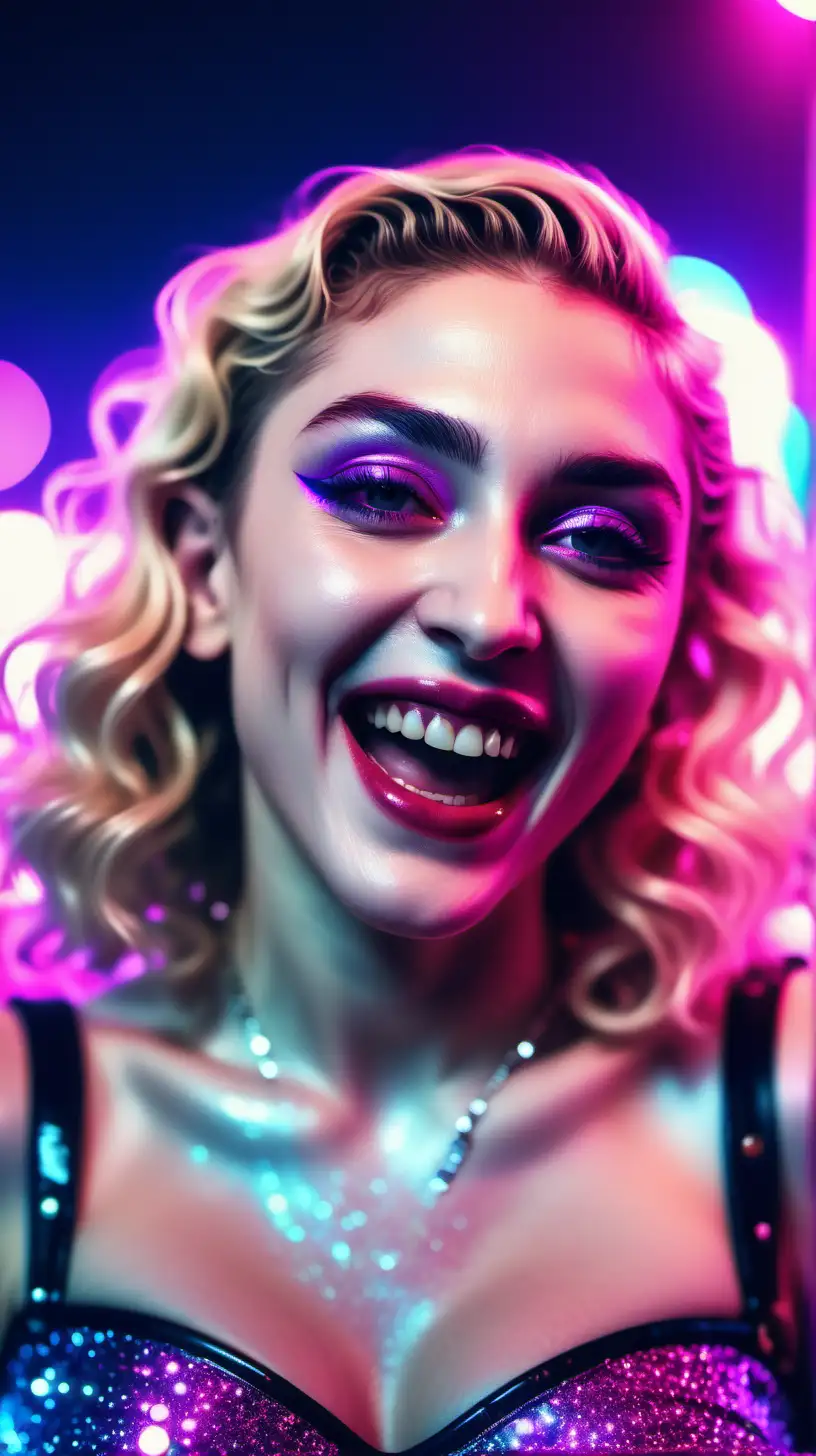 Party portrait of Young Madonna at a modern crazy party, laughing face,  neon synthwave attire, sparkles and glitter in the environment, Bokeh quality, Blurred background, realistic --style raw --s 300 --ar 9:16 --v 6.0