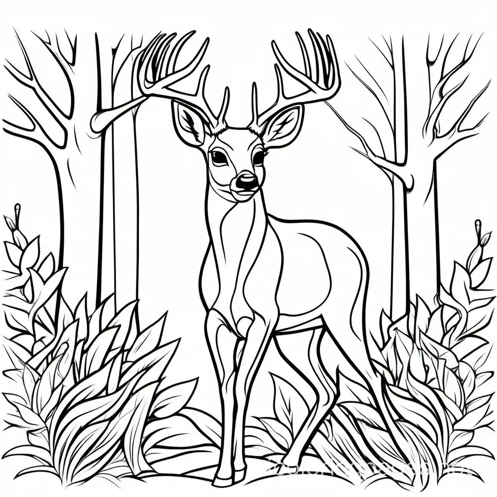 the white-tailed deer, Coloring Page, black and white, line art, white background, Simplicity, Ample White Space. The background of the coloring page is plain white to make it easy for young children to color within the lines. The outlines of all the subjects are easy to distinguish, making it simple for kids to color without too much difficulty