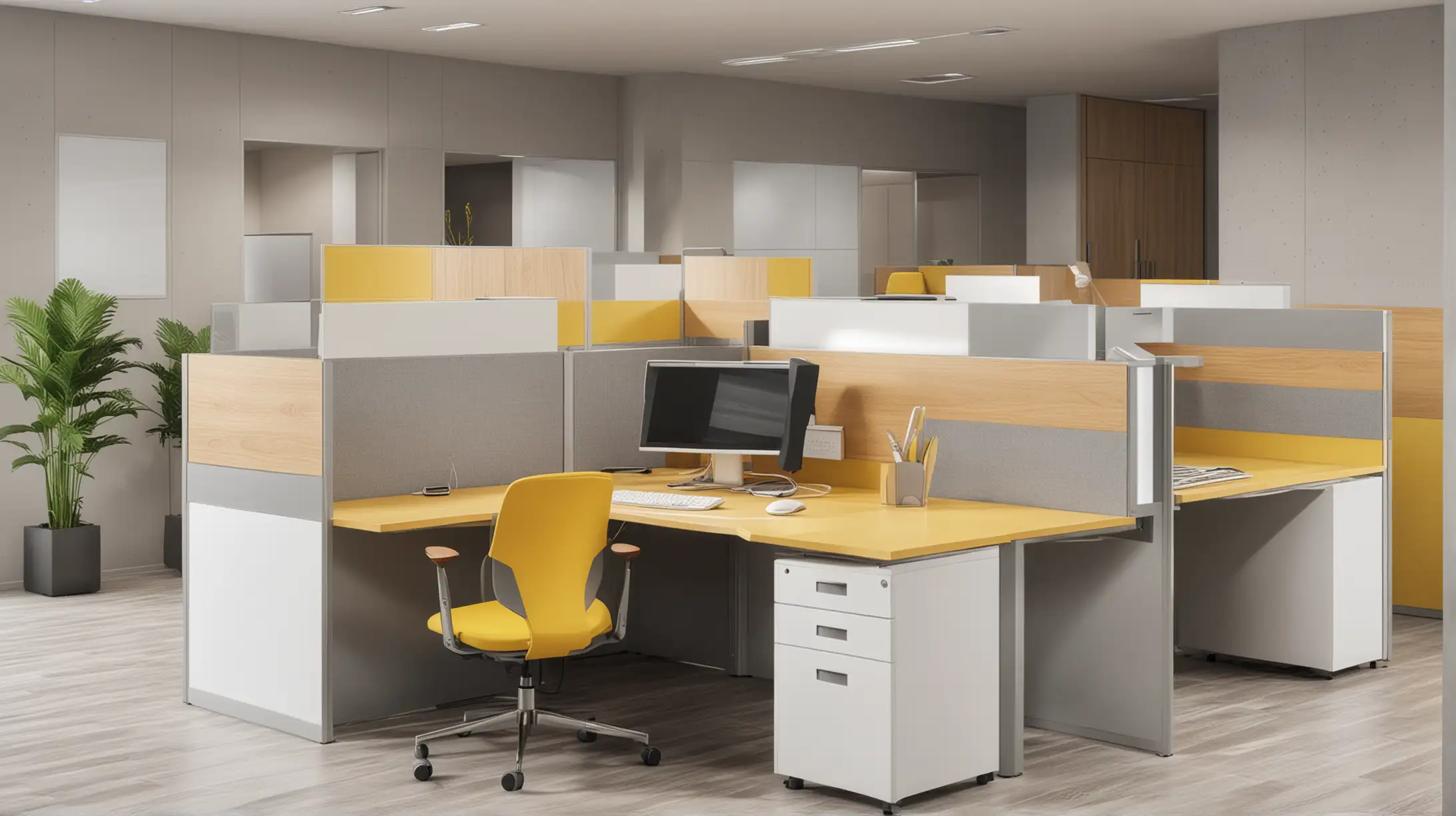 a cubicle for call center with minimalist and digital look, with a computer and a telephone, with some wooden panel and colors of grey and white and a splash of yellow