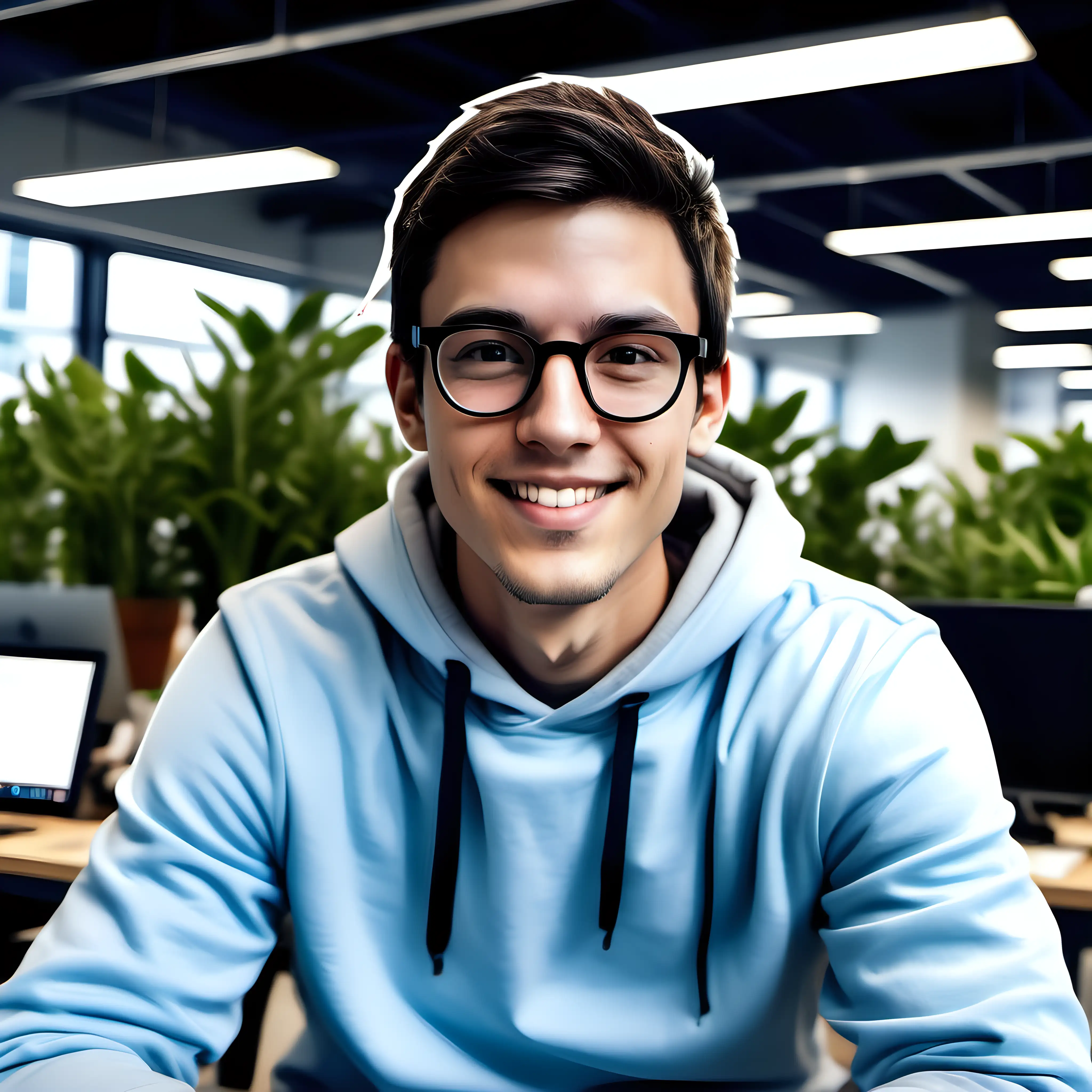 [boyish slim male] avatar sitting at down, [medium length dark brown hair, clean shaven] [wearing round black wire frame reading glasses and light blue hoodie] [enthusiastic, happy and helpful], [new junior employee whose starting at a new tech startup], modern office background with desks, plants realistic.
