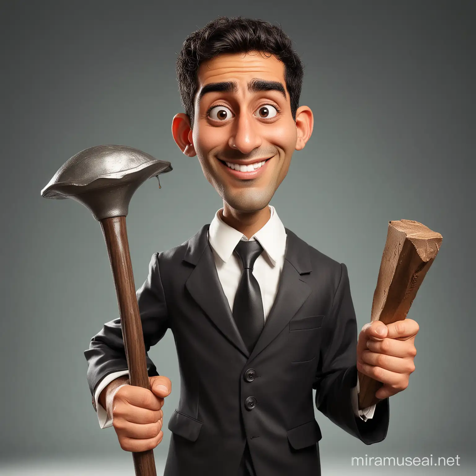 This photo shows a caricature of a beautiful young man of Moroccan origin, stocky, dressed as a lawyer. He comically holds a file hammer. The caricature is executed in a fun, exaggerated style, adding a touch of humor to the image. This image would be perfect for projects related to law, justice, humor, cartoons, and diversity.