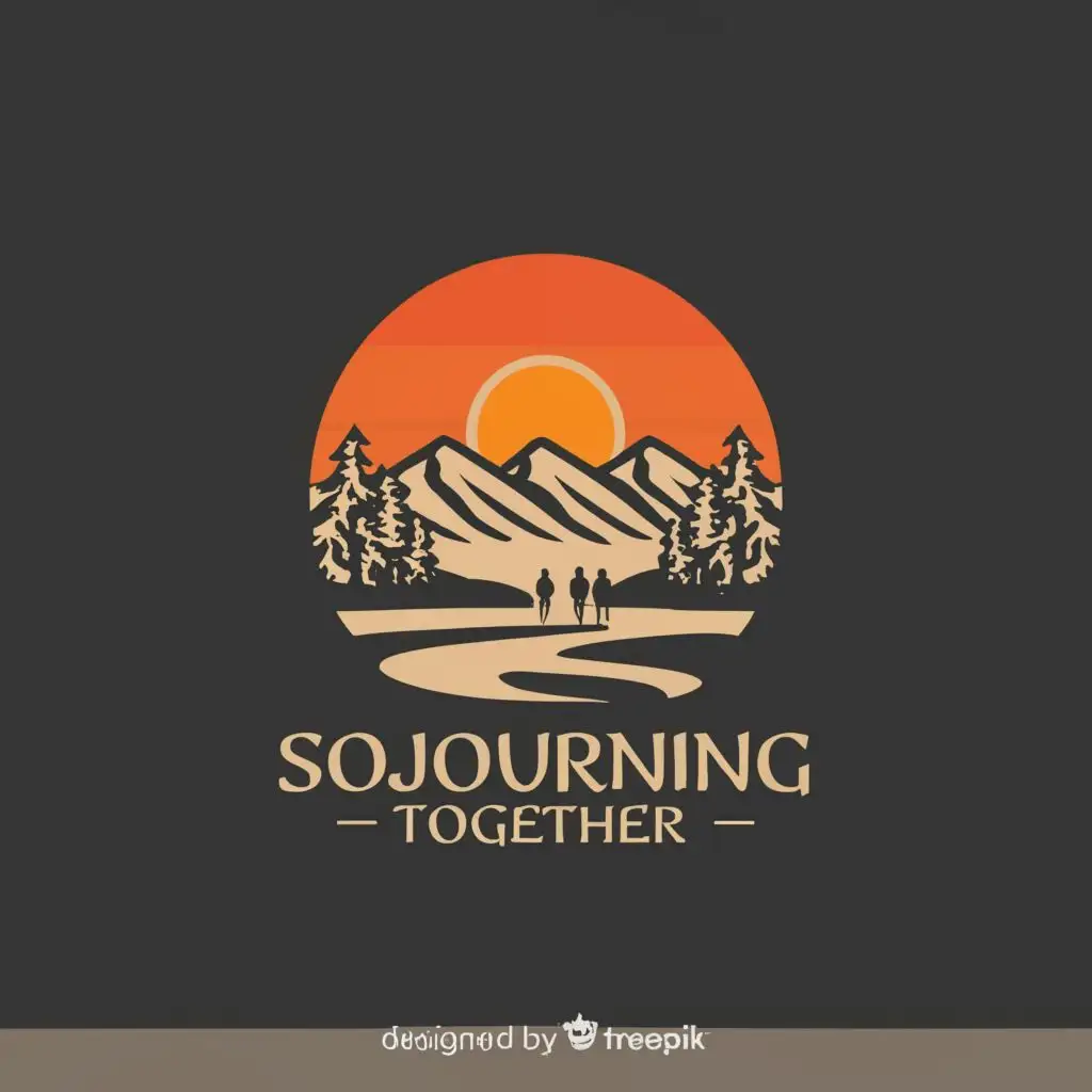 a logo design,with the text 'SoJourning Together', main symbol:sunset over lake, forest, people walking on a dirt path,Minimalistic,be used in Retail industry,clear background