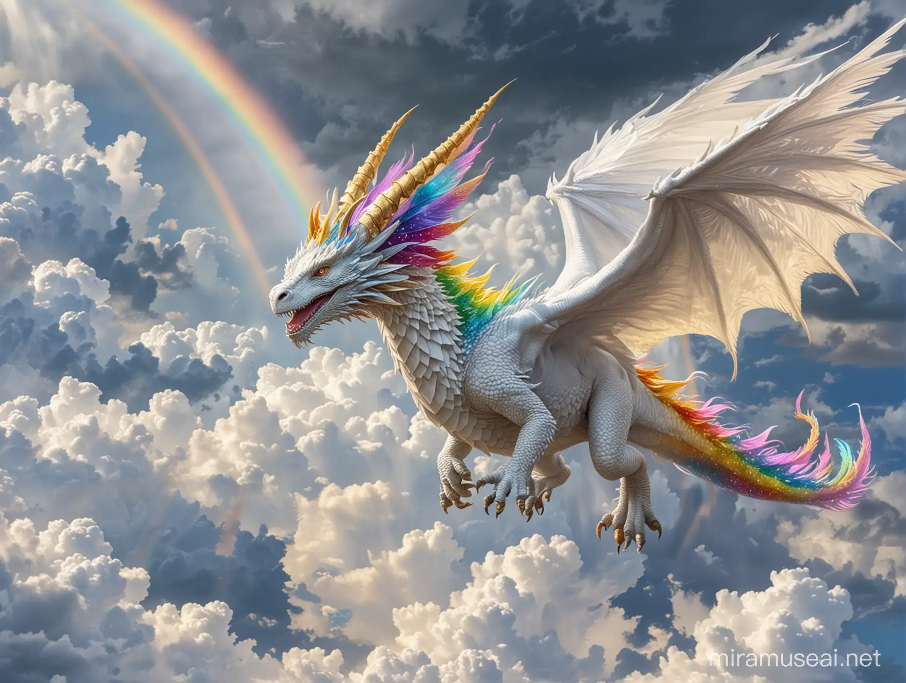 photo, white-winged dragon, white wings, golden crown on its head, rainbow-colored horns on its head, flying through the clouds